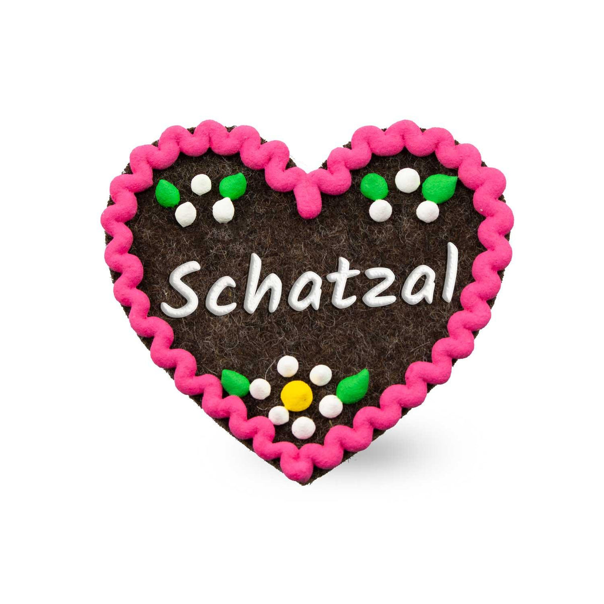 Brauner Filzherz-Anstecker "Schatzal" mit pinker Zierborte, weißen Blättern und gelber Blume im bäuerlichen Stil, perfekt für Trachten.