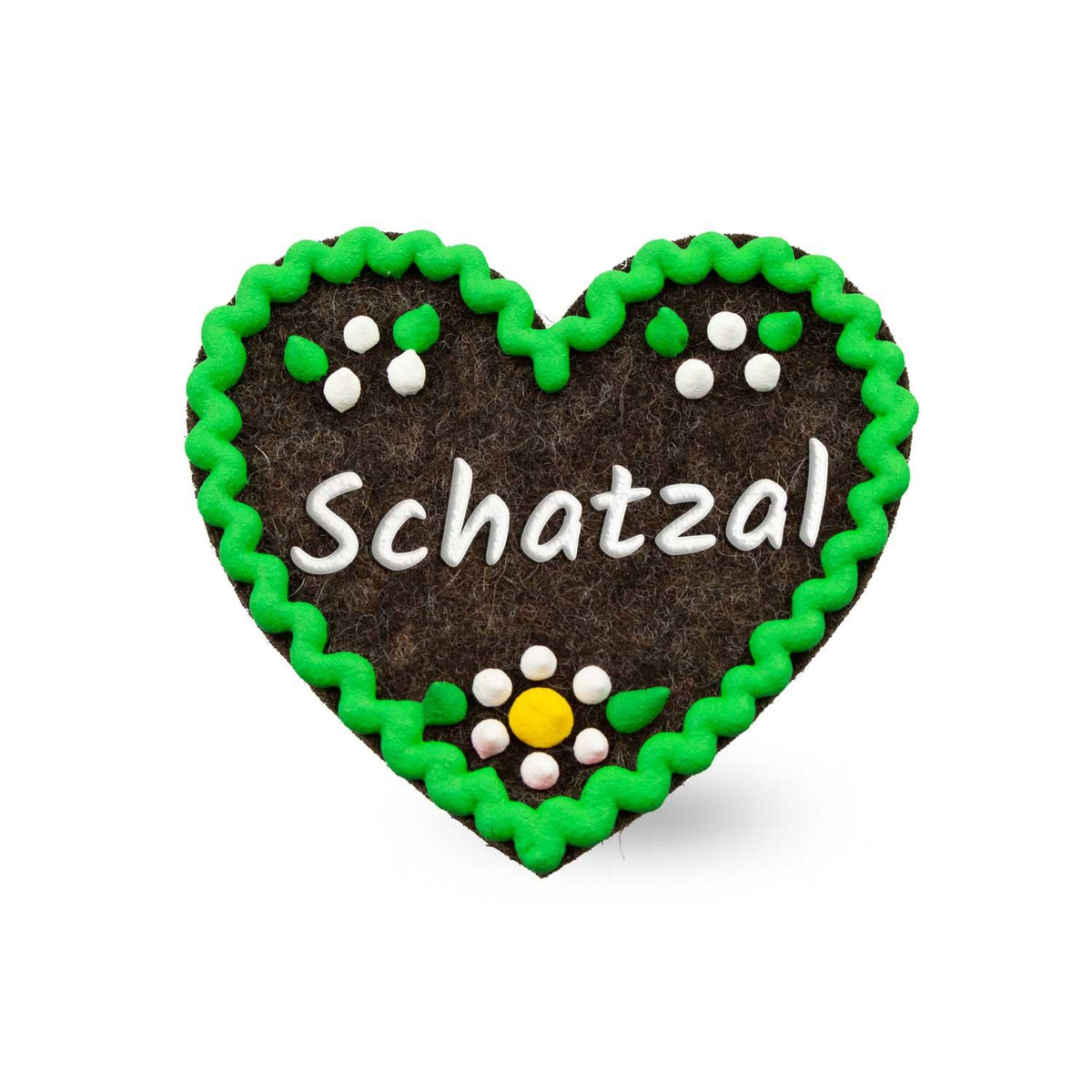 Brauner Filzherz-Anstecker "Schatzal" mit grünem Rand und weißen Blumenapplikationen, Trachten-Accessoire.