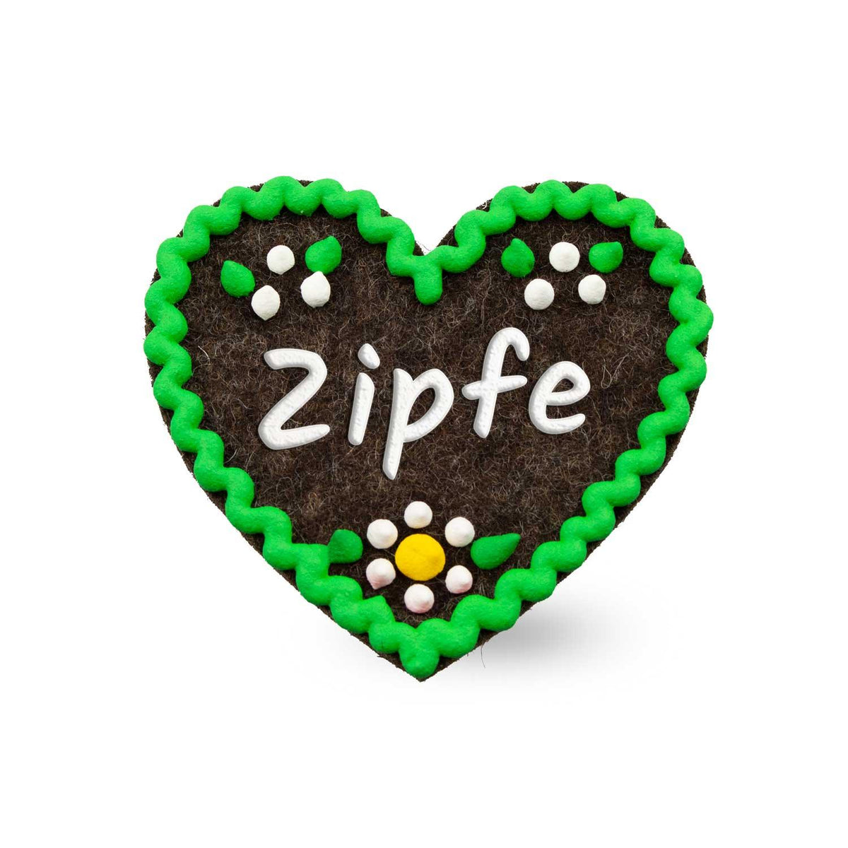 Filzherz-Anstecker Zipfe, dunkelbraun mit grünem Rand, weißen Punkten und gelber Blume, traditionelles Design.