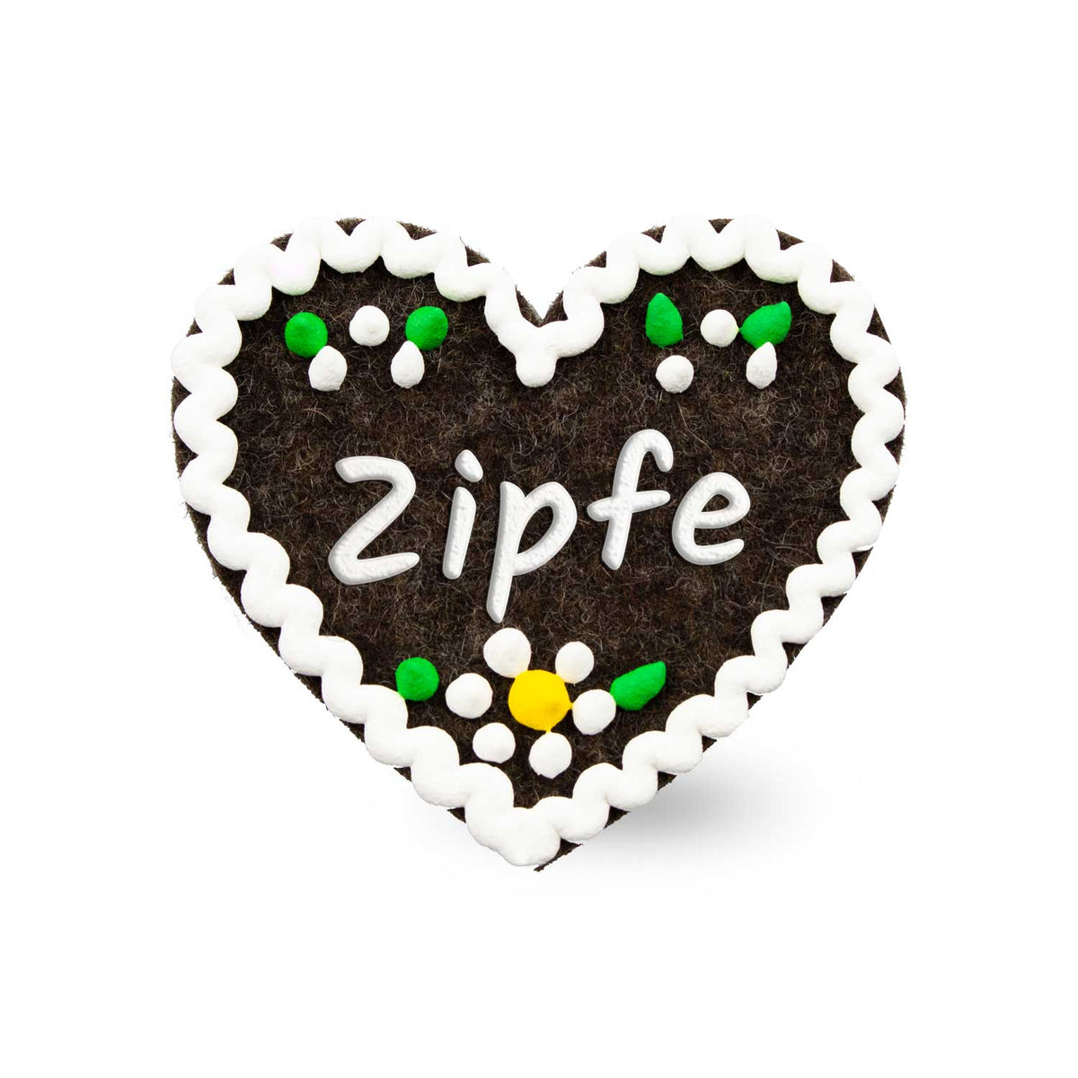 Brauner Filzherz-Anstecker "Zipfe" im Lebkuchen-Design mit weißer Zuckerguss-Optik und bunten Punkten