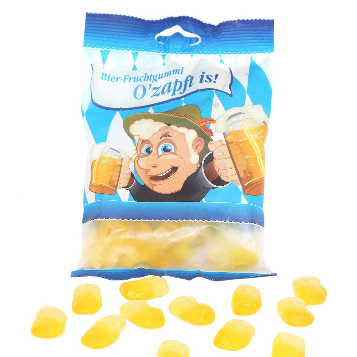 Beutel Fruchtgummi O´zapft is mit Bierkrug-Motiv und verstreuten gelben Fruchtgummis in Bierkrugform.