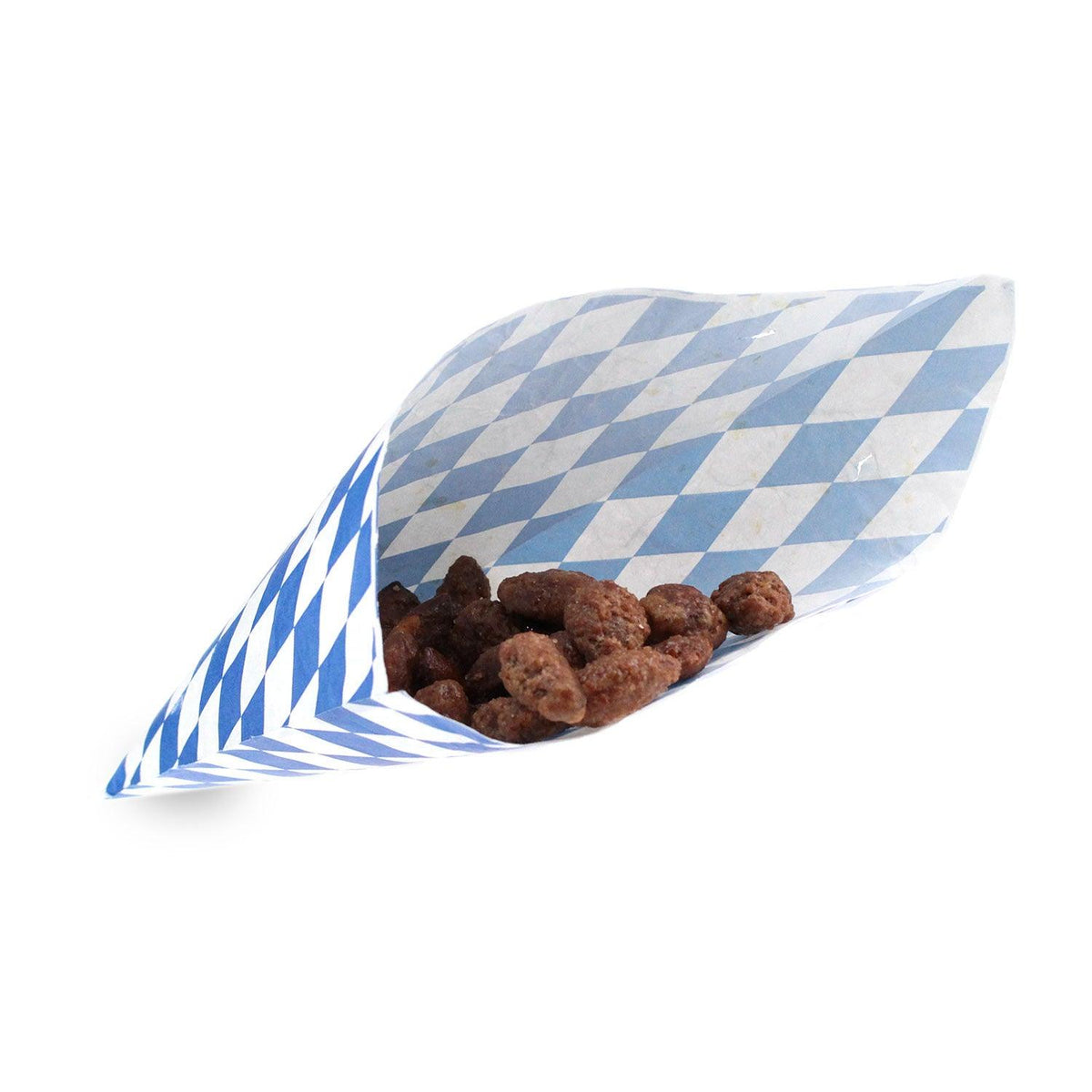Gebrannte Mandeln (reduziert) in blau-weiß gerauter Spitztüte, süßen, knusprigen Snack.