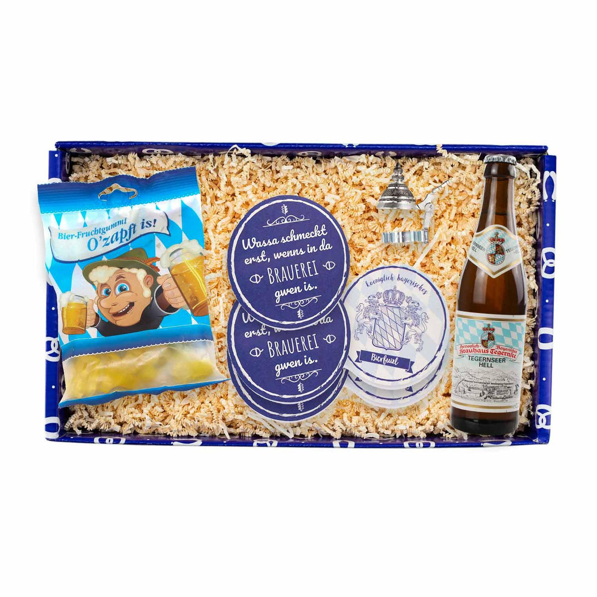 Geschenkbox "Bierdimpfe" mit Tegernseer Hell Bier, Bier-Fruchtgummi, bayerischen Untersetzern und Bierstürzer.