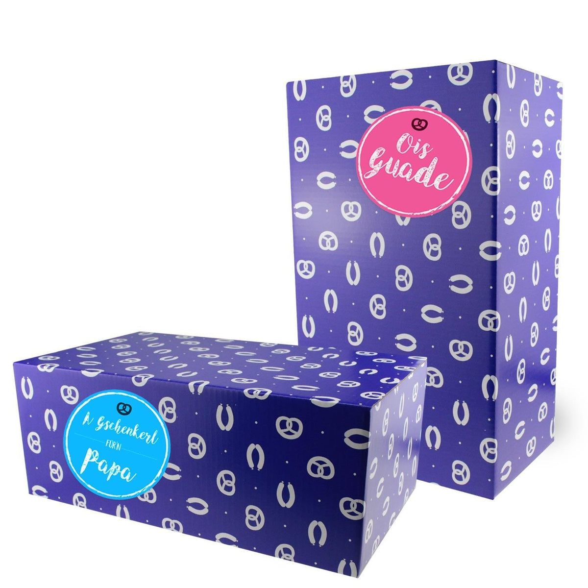 Geschenkbox Jeda konn Schofkopfn in Lila mit Brezelmuster und weiß-rosa bayerischen Aufschriften.