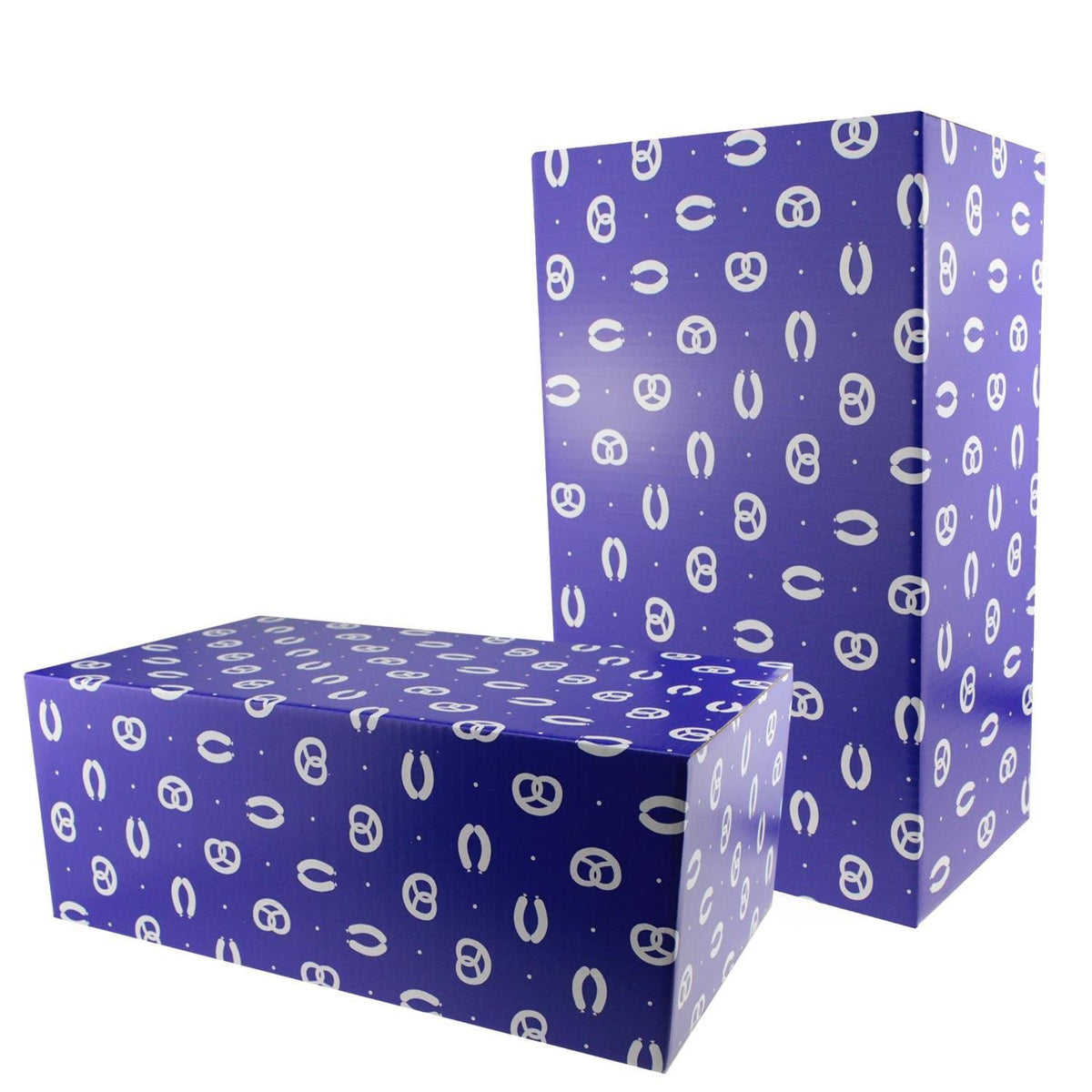 Geschenkbox Zua Hochzeit, zwei blaue Kartons mit Brezel- und Hufeisenmuster. Ideale Verpackung für Präsente.