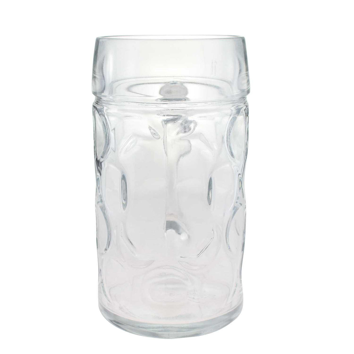 Transparenter massiver Bierkrug aus Glas mit Noppenstruktur und robustem Henkel für Oktoberfest und Feiern.