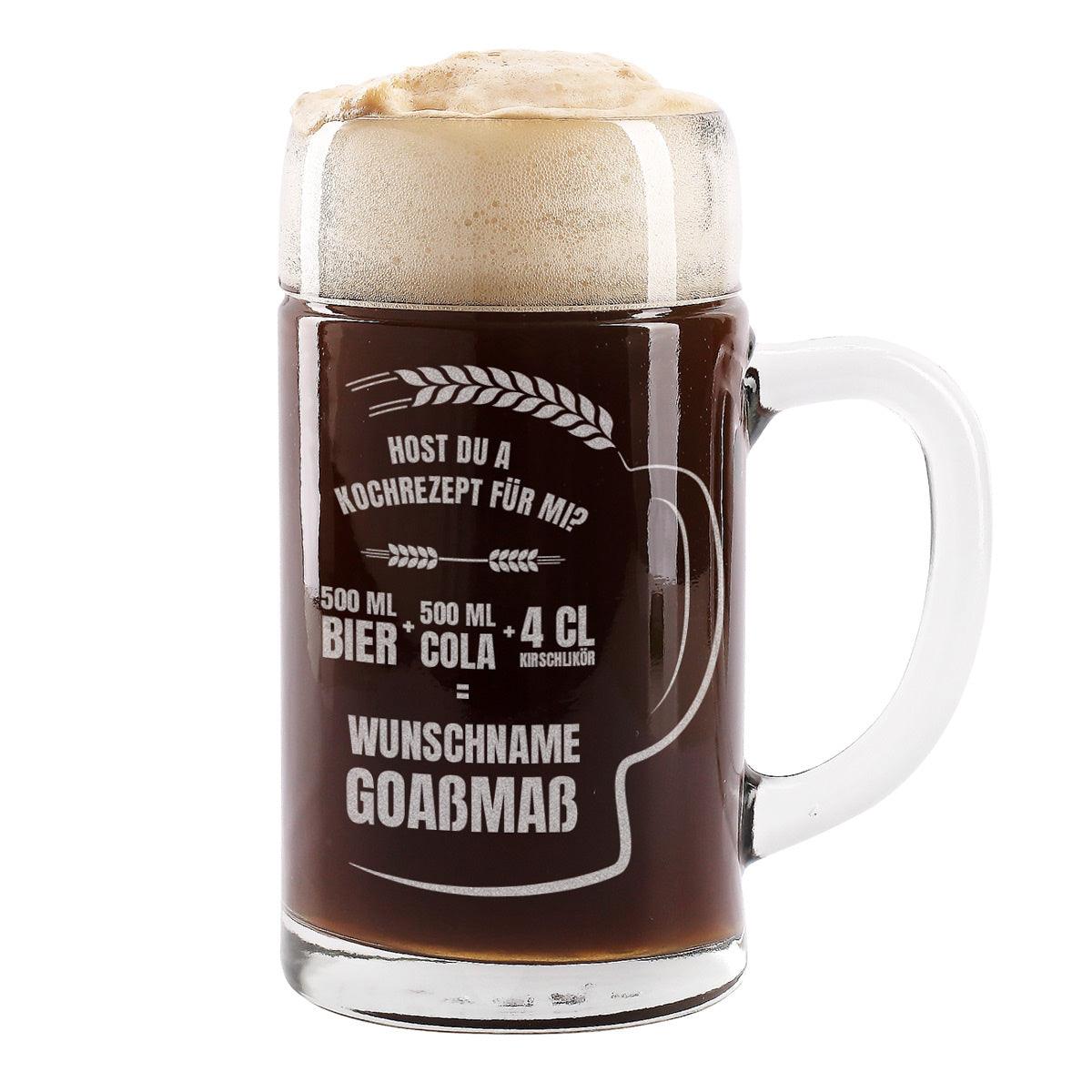 Glas-Krug mit Gravur "Goaßmaß" und Wunschname, klar, zylindrisch, 1 Liter Fassungsvermögen, inklusive Rezept.