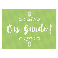 Grußkarte Ois Guade! mit weißer Schrift und Ornamenten auf hellgrün kariertem Hintergrund.