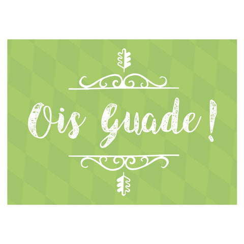 Grußkarte Ois Guade! mit weißer Schrift und Ornamenten auf hellgrün kariertem Hintergrund.