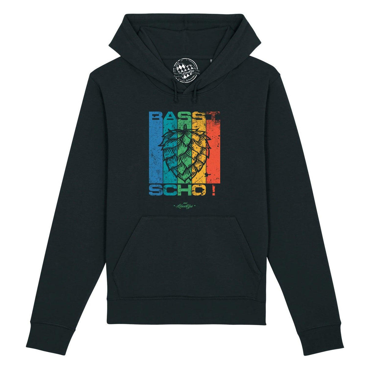 Dunkelblauer Hoodie Basst scho mit detailliertem Hopfen-Print und buntem Schriftzug auf der Brust.