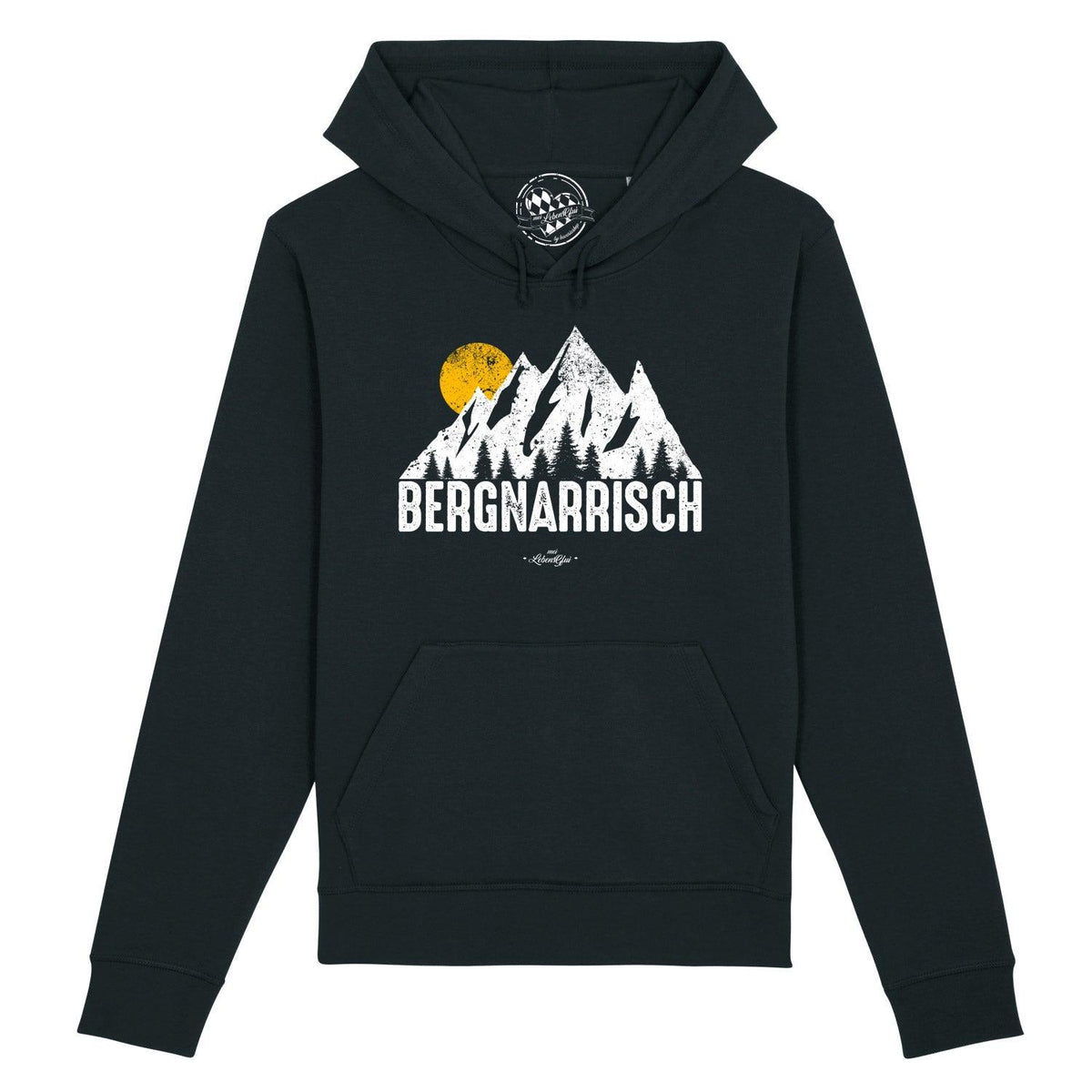 Schwarzer Hoodie Bergnarrisch mit weißem Berg- und Waldmotiv und gelber Sonne auf der Brust.