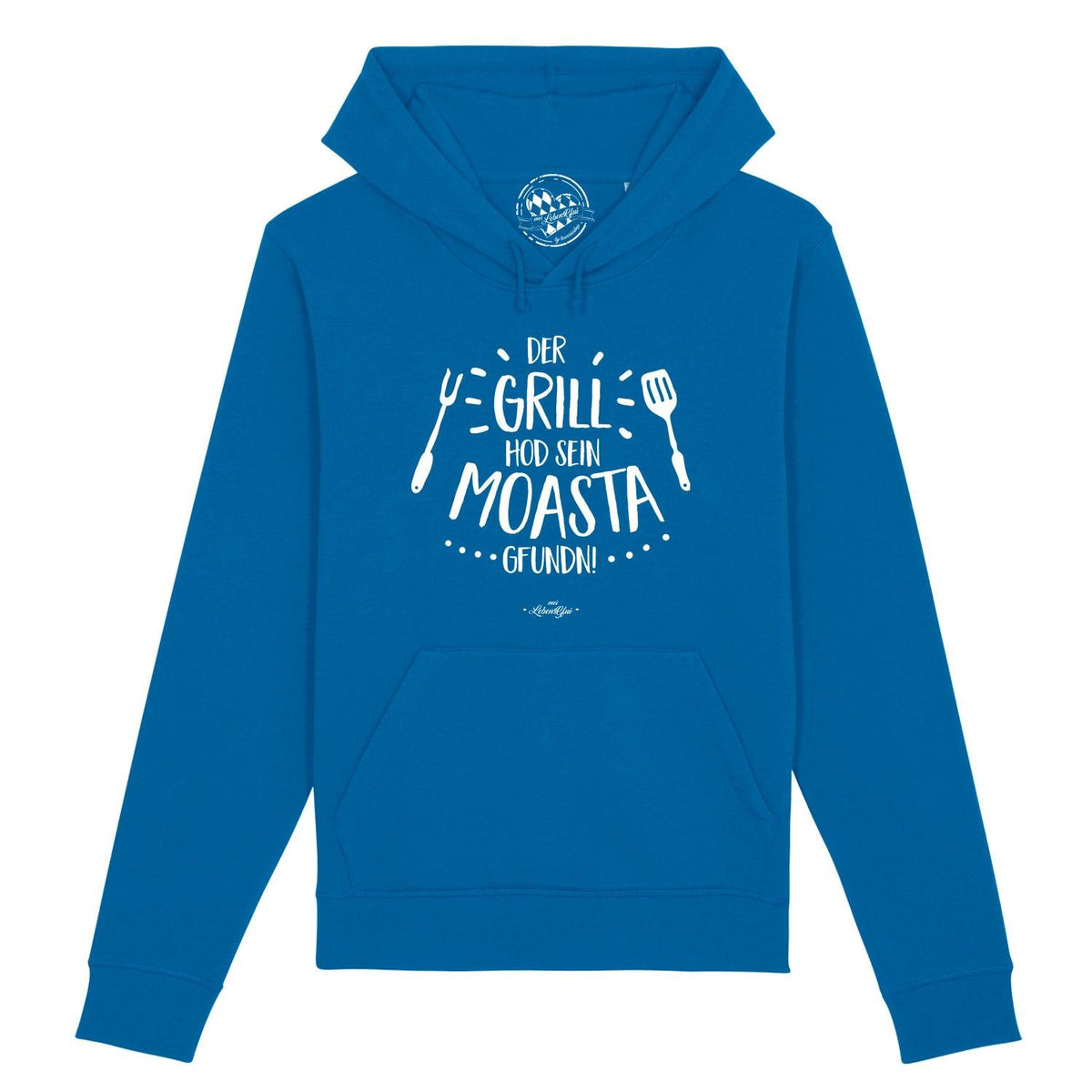 Blauer Herren Hoodie "GrillMoasta" mit weißem Grill-Motiv Text Spruch und Kapuze für Grillfans