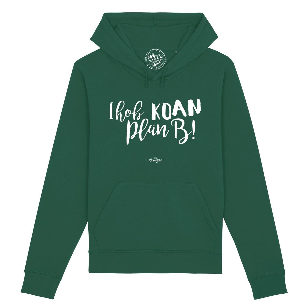 Herren Hoodie "Koan Plan B..." in Dunkelgrün mit weißem weißem Spruch und Bauchtasche, bequeme Freizeitkleidung.