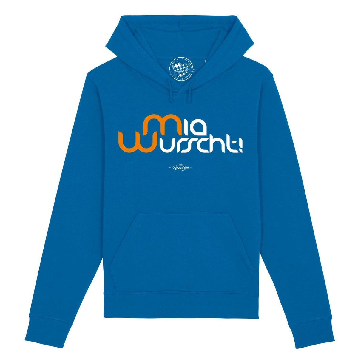 Blauer Herren Hoodie "Mia Wurscht" mit orange-weißem Schriftzug, Kapuze und Kängurutasche.