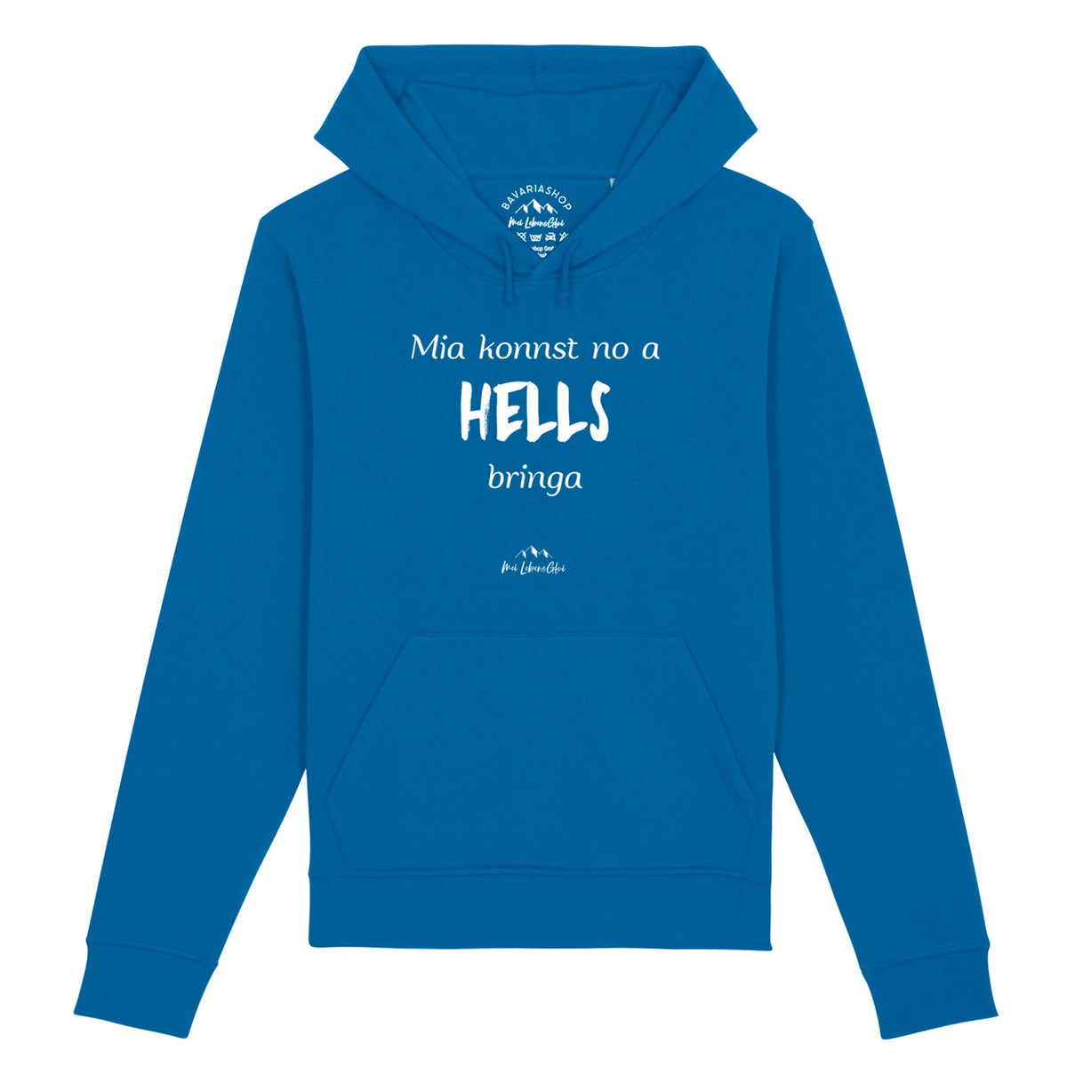 Blauer Herren Hoodie "Mia konnst no a Hells bringa" mit weißem bayerischem Schriftzug, Kängurutasche.