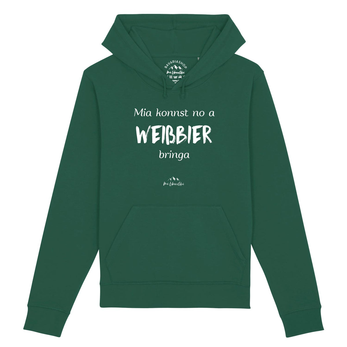 Dunkelgrüner Herren Hoodie "Mia konnst no a Weißbier bringa" mit weißem bayerischem Schriftzug und Kängurutasche.