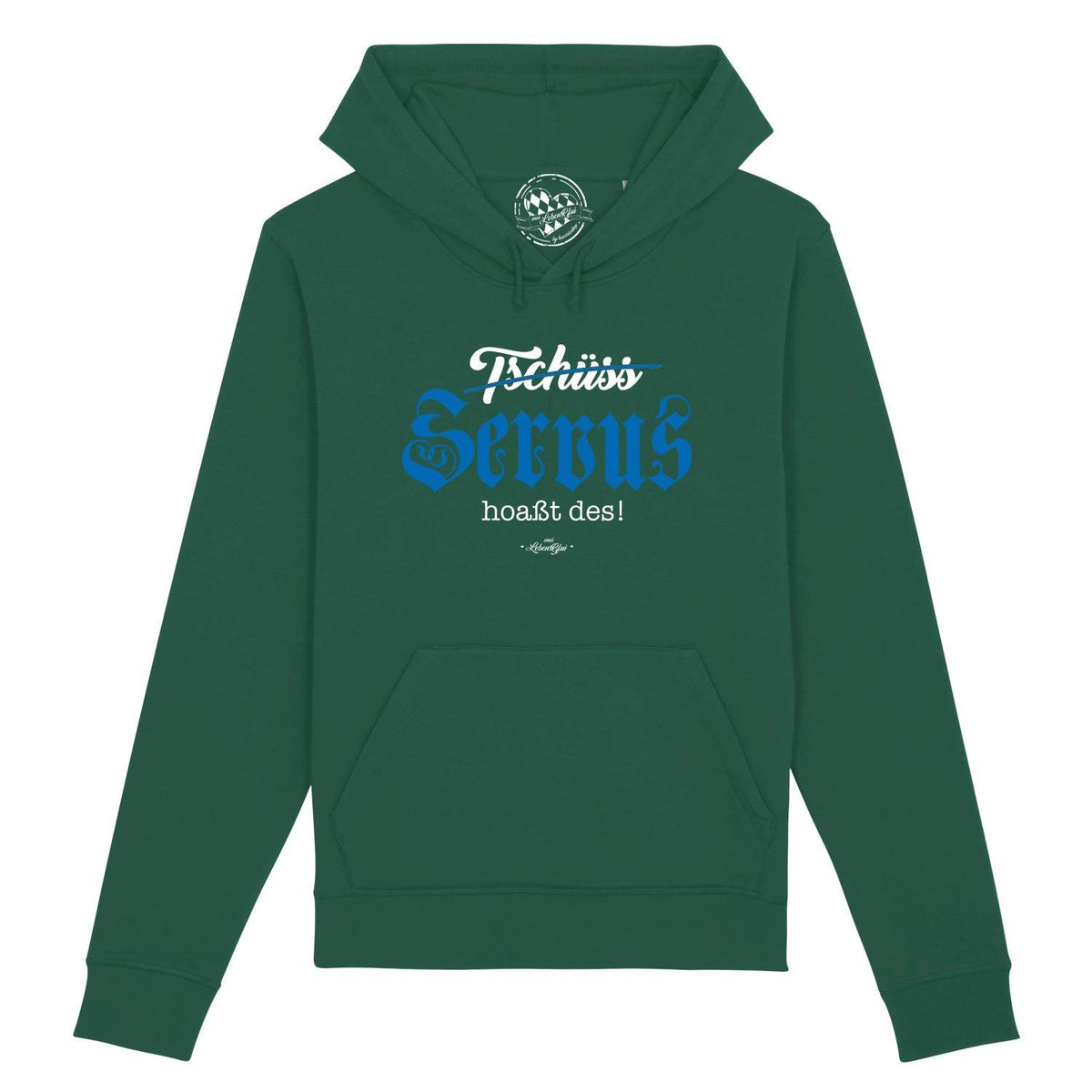 Grüner Herren Hoodie "Servus hoaßt des!" mit blauem und weißem Schriftzug, Kapuze und Kängurutasche.