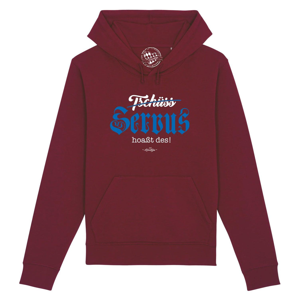 Bordeauxroter Herren Hoodie "Servus hoaßt des!" mit blau-weißer Schrift und Kapuze.