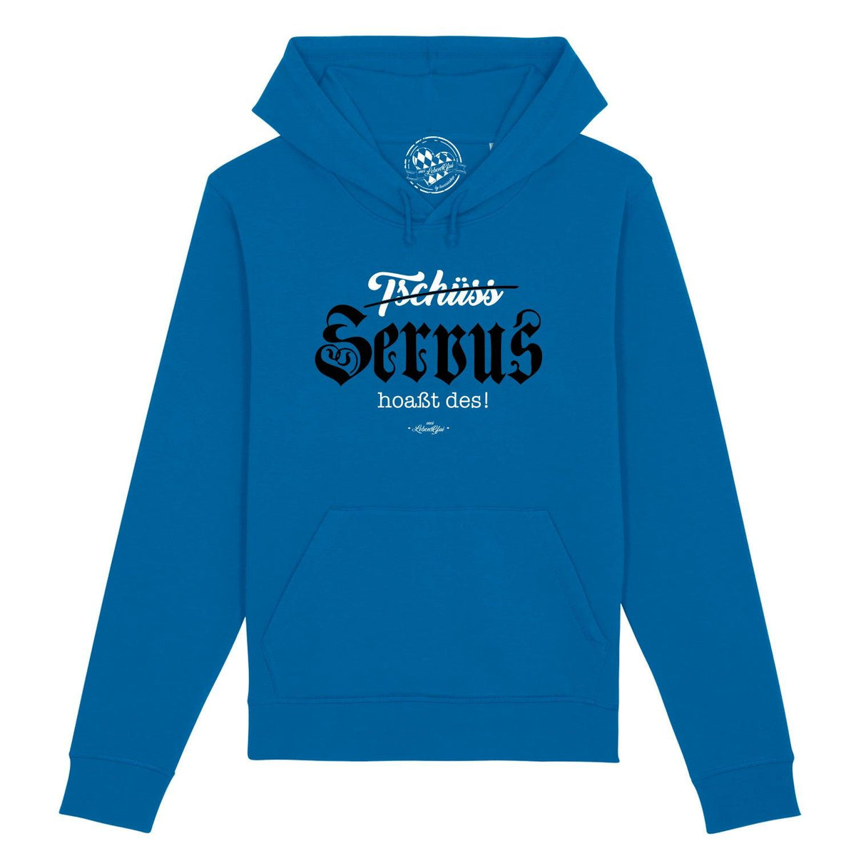 Herren Hoodie „Servus hoaßt des!“ in leuchtendem Blau mit schwarzem Aufdruck und Kängurutasche auf weißem Hintergrund.
