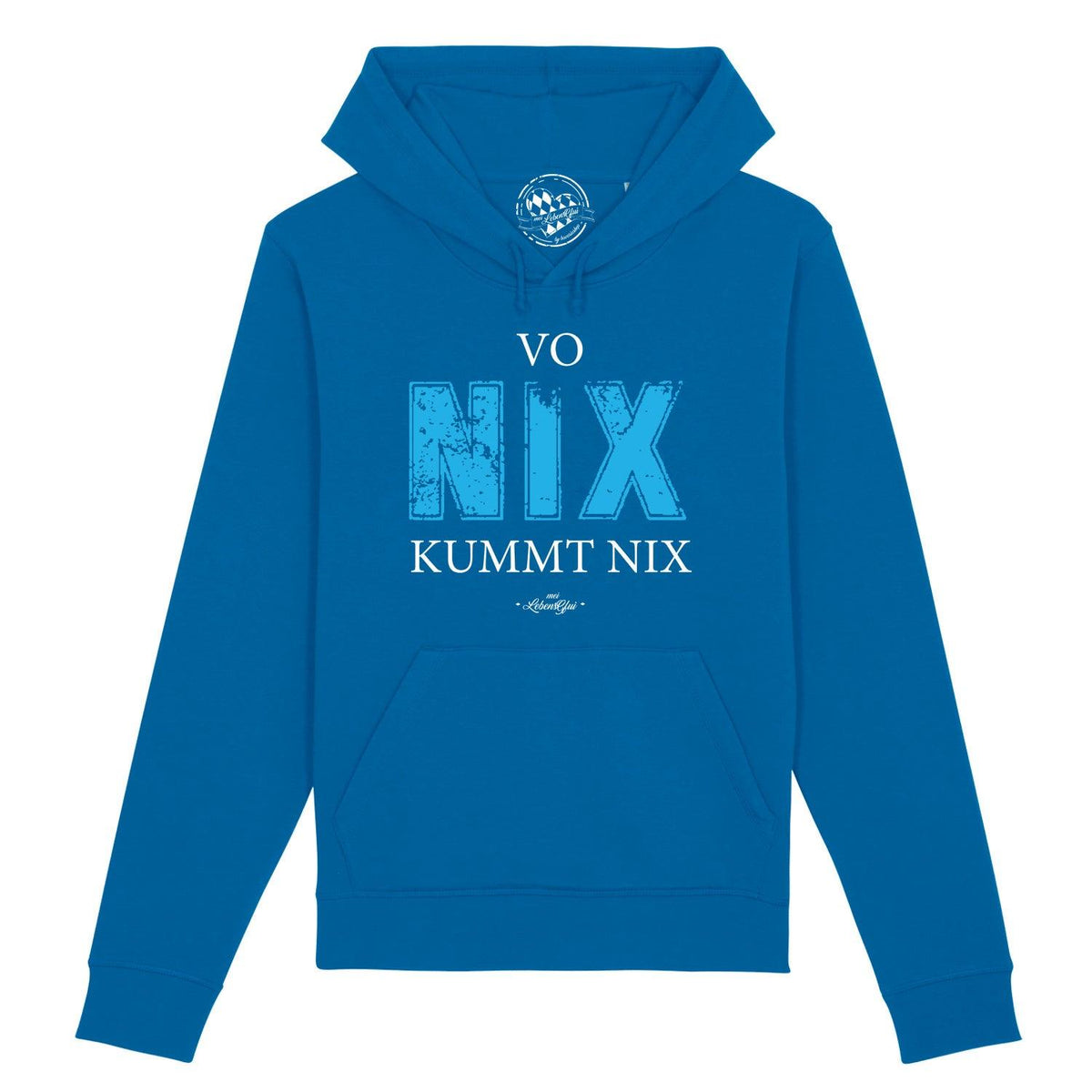Herren Hoodie Vo nix kummt nix in leuchtendem Blau mit hellem Frontdruck, Kapuze und Bauchtasche.