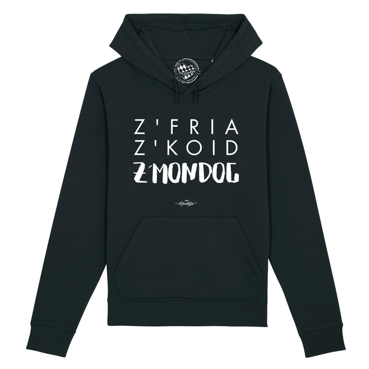 Herren Hoodie Z'fria Z'koid Z'Mondog in Schwarz mit weißem Schriftzug und Kapuze