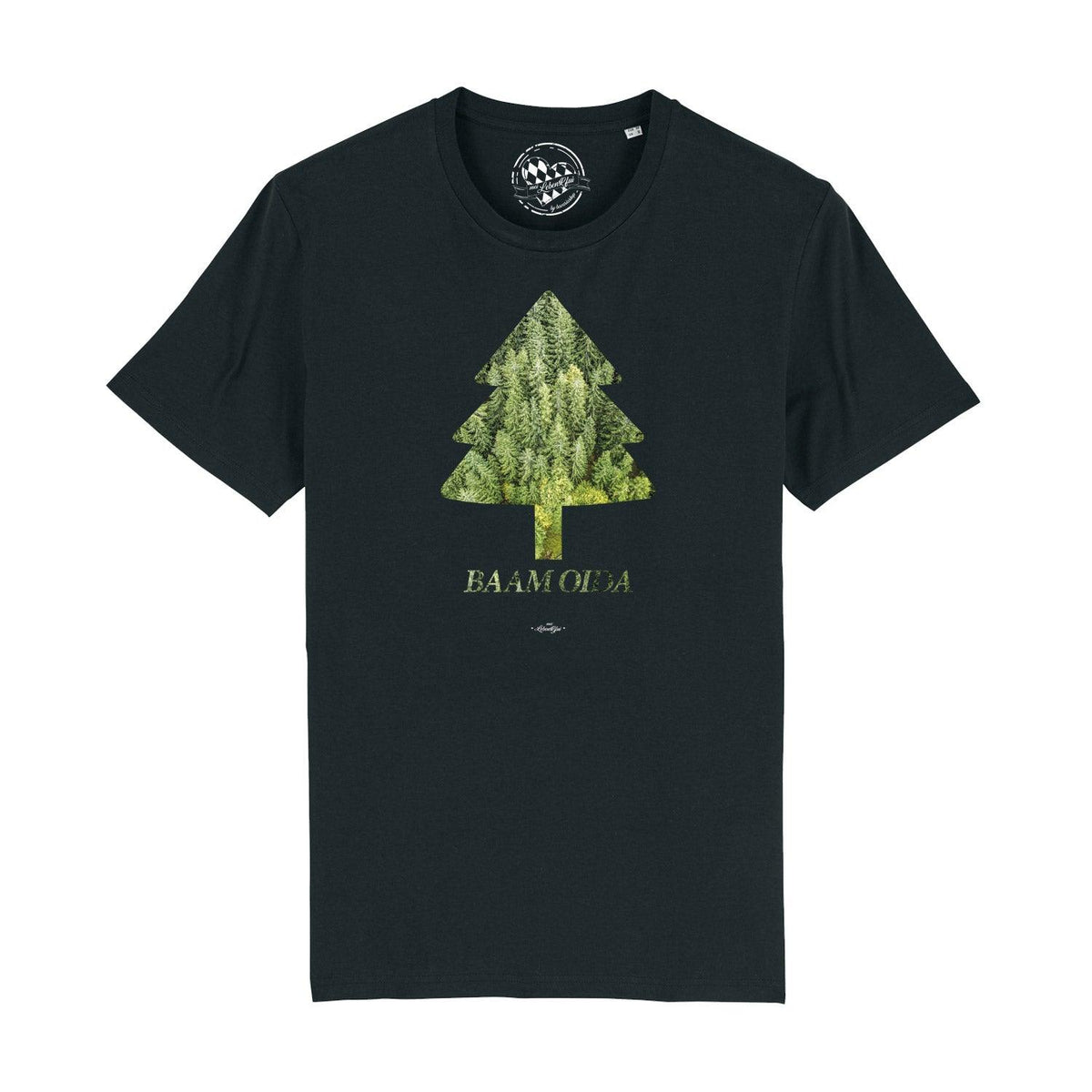 Schwarzes Herren T-Shirt BAAM OIDA mit grünem Baum-Motiv, das eine Waldlandschaft zeigt.