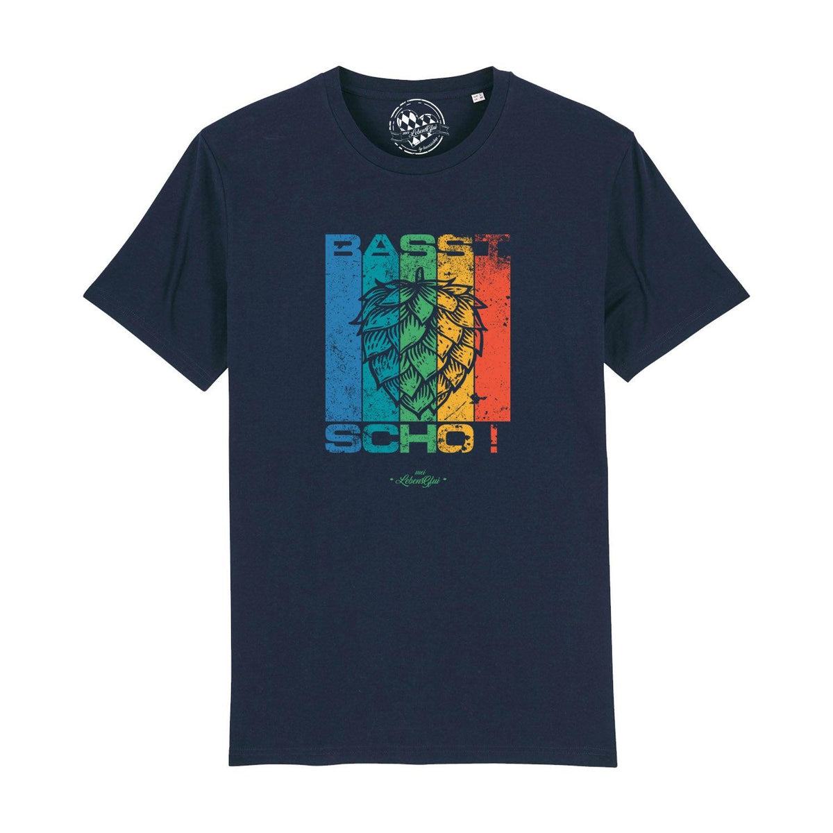Dunkelblaues Herren T-Shirt "Basst scho" mit farbigem Hopfendolden-Print in Retro-Optik.