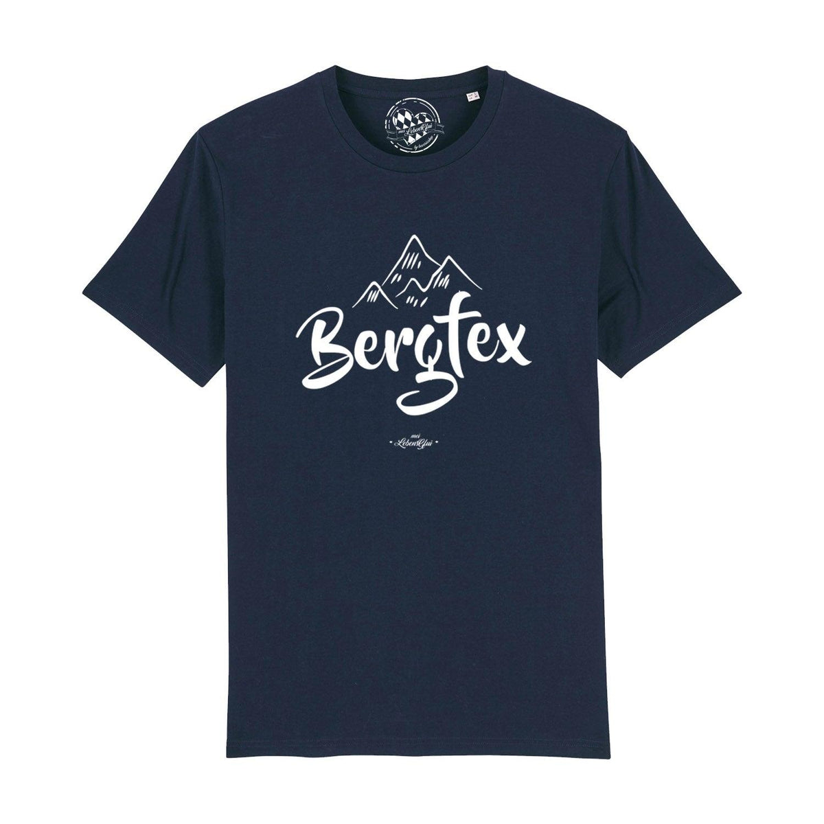 Dunkelblaues Herren T-Shirt Bergfex mit weißem Bergmotiv und Schriftzug, aus Baumwolle für Wanderliebhaber.