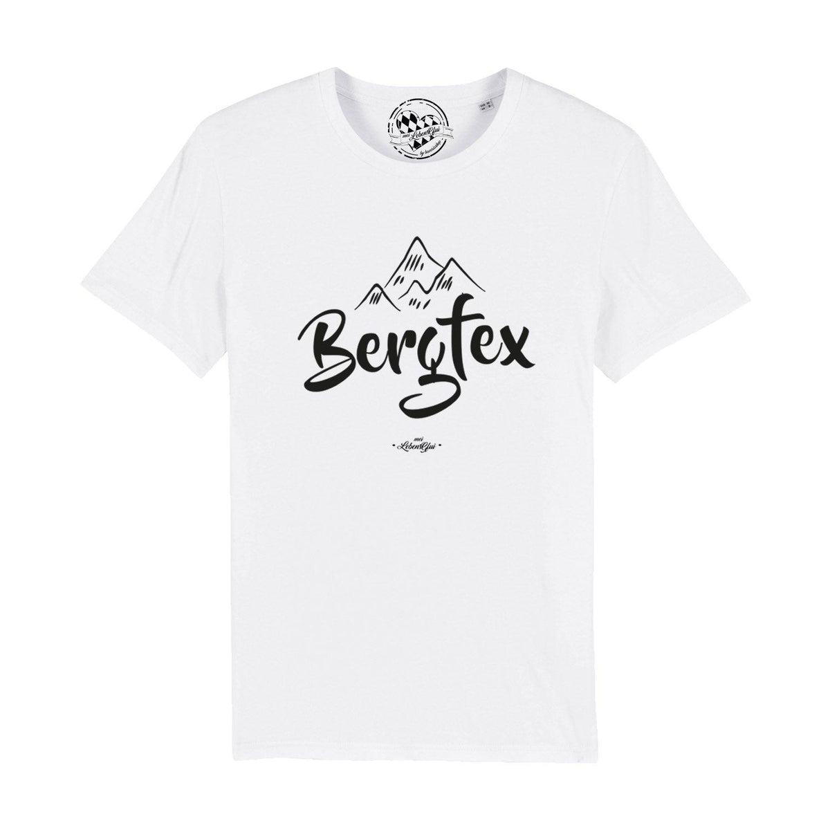 Weißes Herren T-Shirt Bergfex mit schwarzem Bergsilhouetten-Druck, ideal für Outdoor-Freunde und Wanderer.