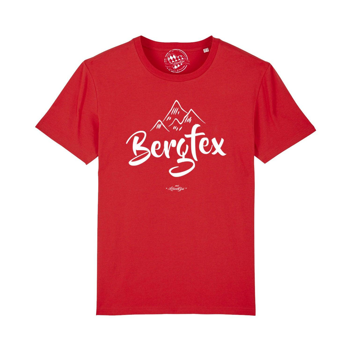 Rotes Herren T-Shirt Bergfex mit weißem Bergmotiv-Druck und geschwungener Schrift auf Brusthöhe.