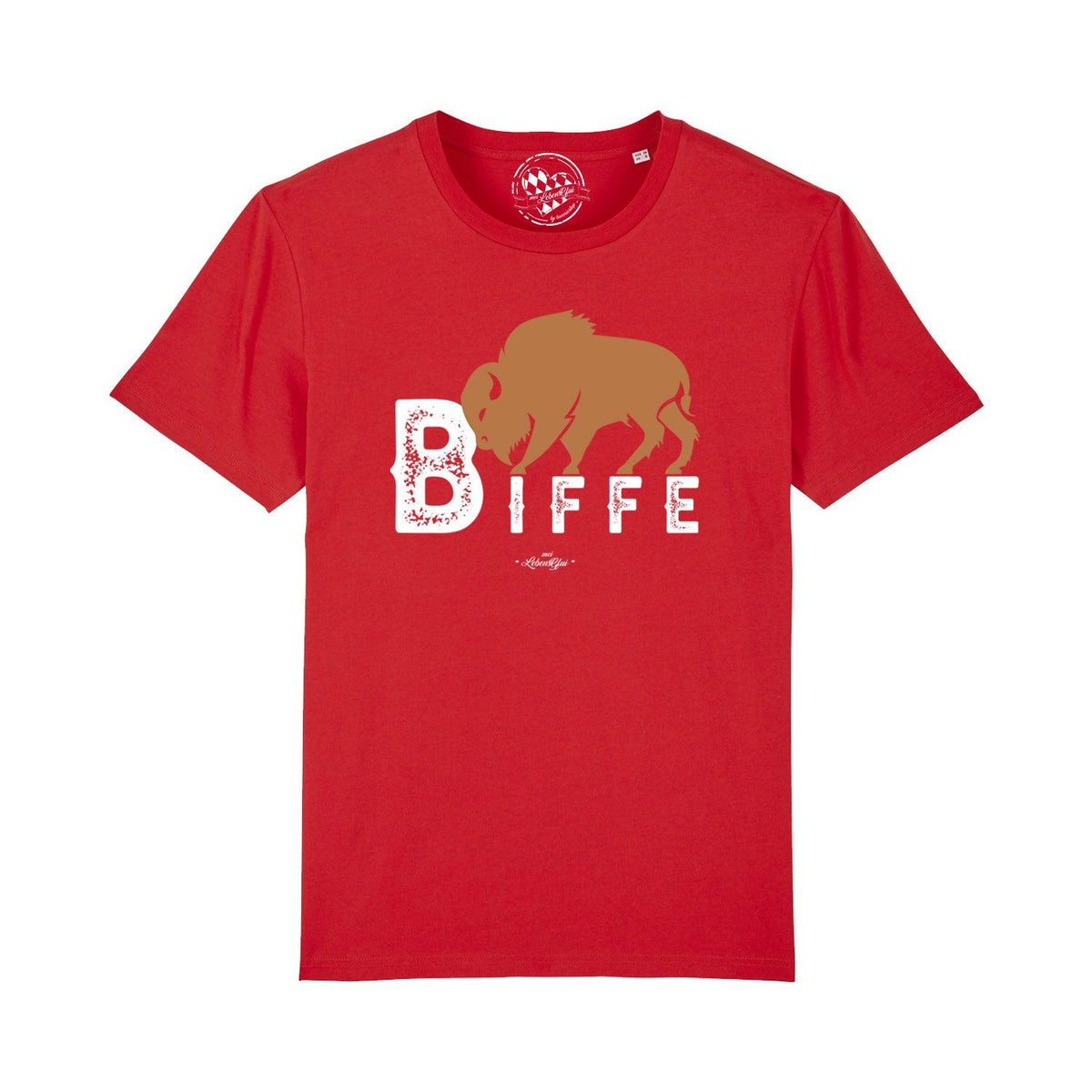 Rotes Herren T-Shirt Biffe mit großem Bison-Aufdruck und markanter Schrift auf der Brust.