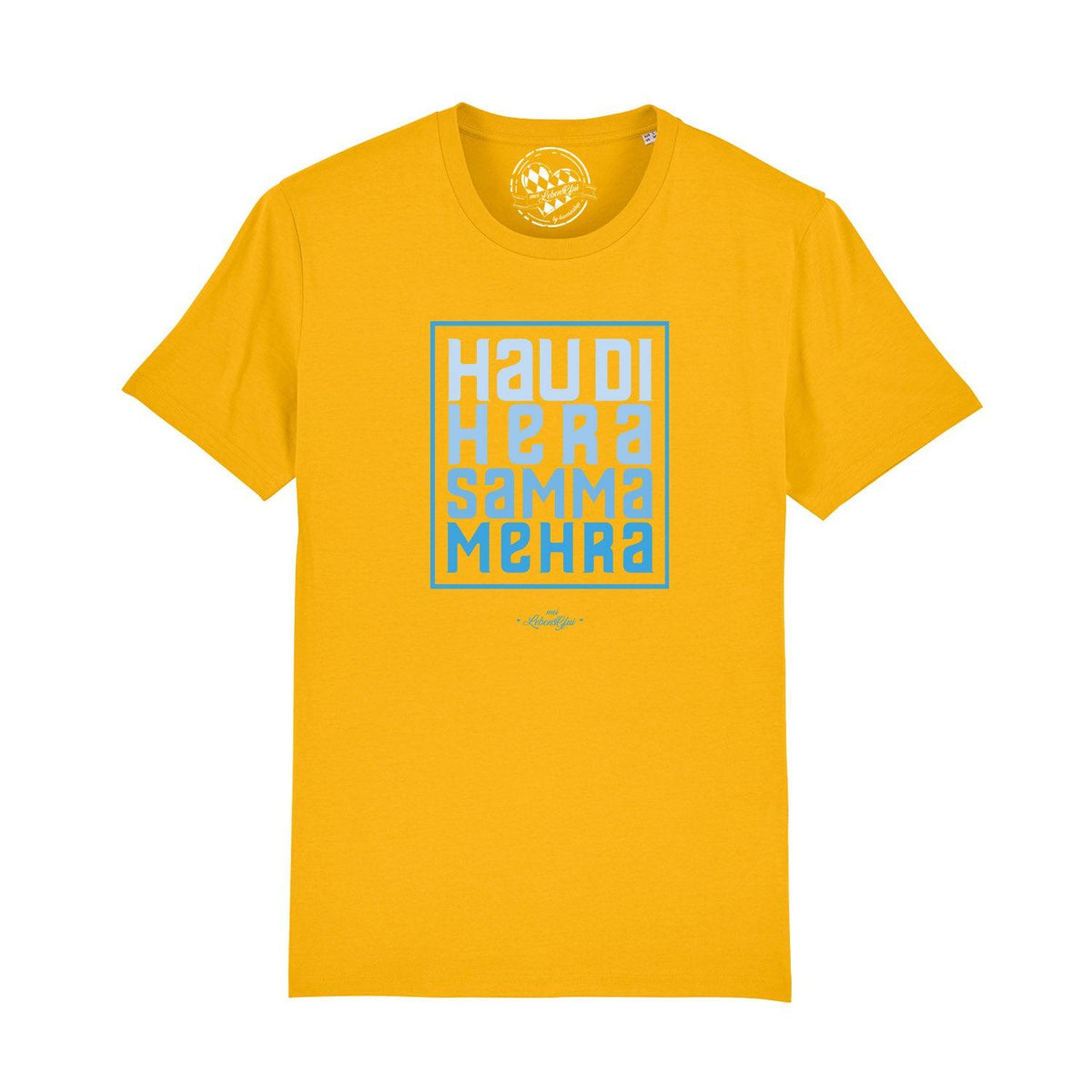 Gelbes Herren T-Shirt "Hau di hera" mit blauem Schriftzug im rechteckigen Rahmen, moderner Print