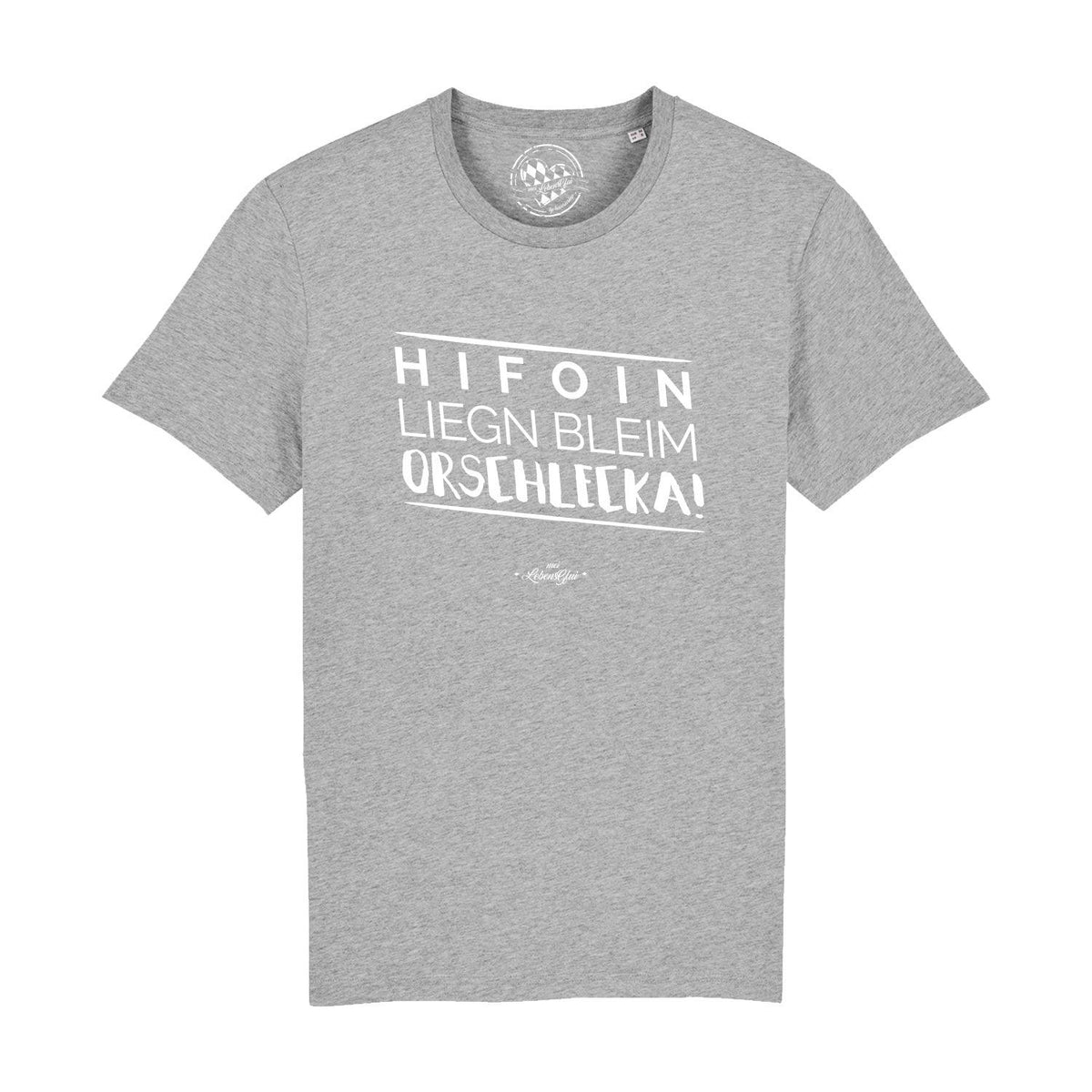 Graues Herren T-Shirt "Hifoin liegn bleim..." mit lustigem, weißem bayerischen Spruch auf der Brust, Frontansicht.
