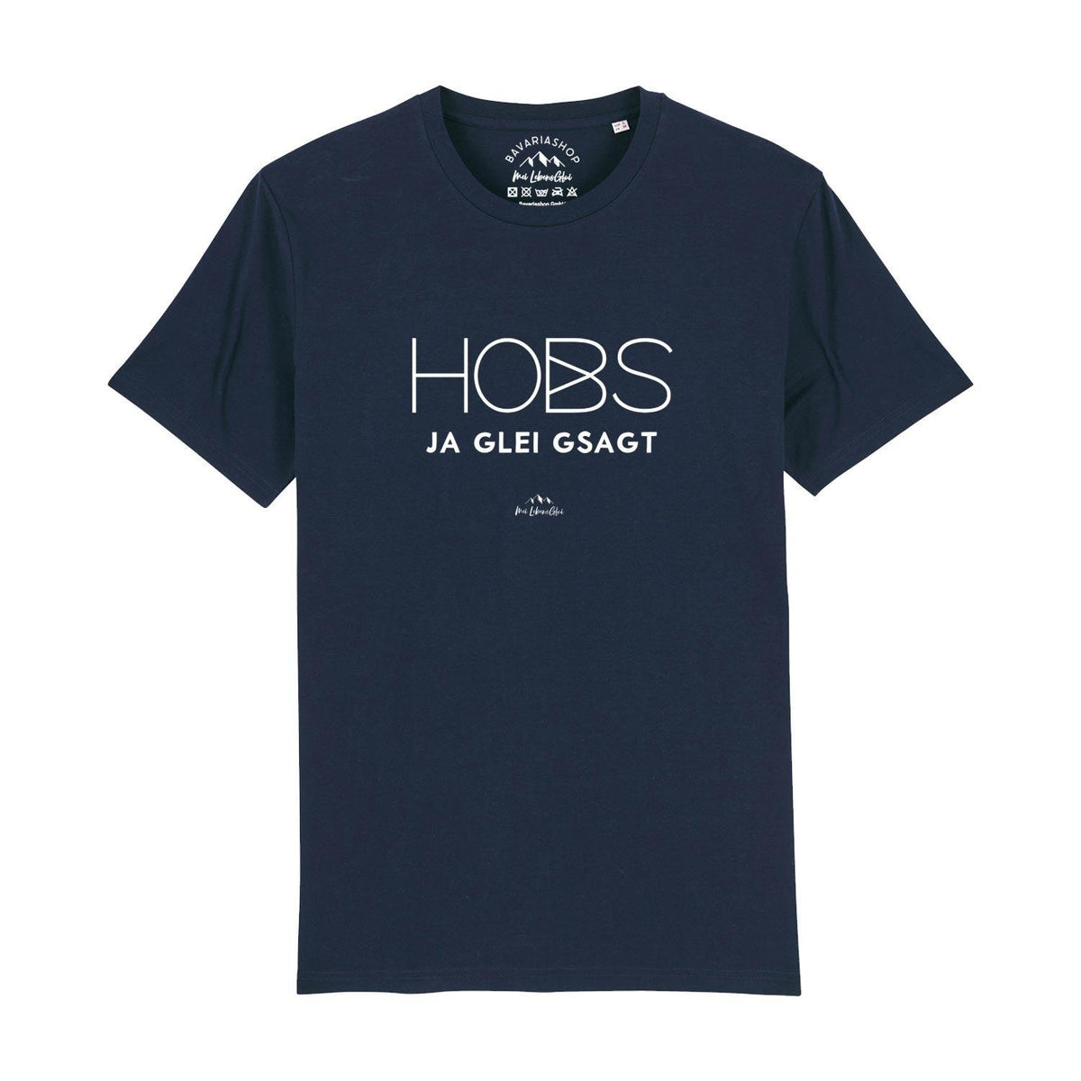Dunkelblaues “Herren T-Shirt Hobs ja glei gsagt” mit weißem Schriftzug und kurzem Ärmel, vorne liegend