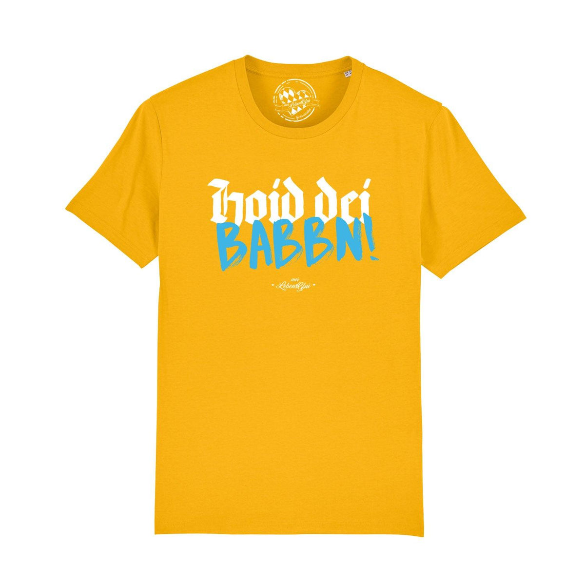 Gelbes Herren T-Shirt Hoid dei Babbn mit weiß-blauem bayerischem Schriftzug als Frontdruck