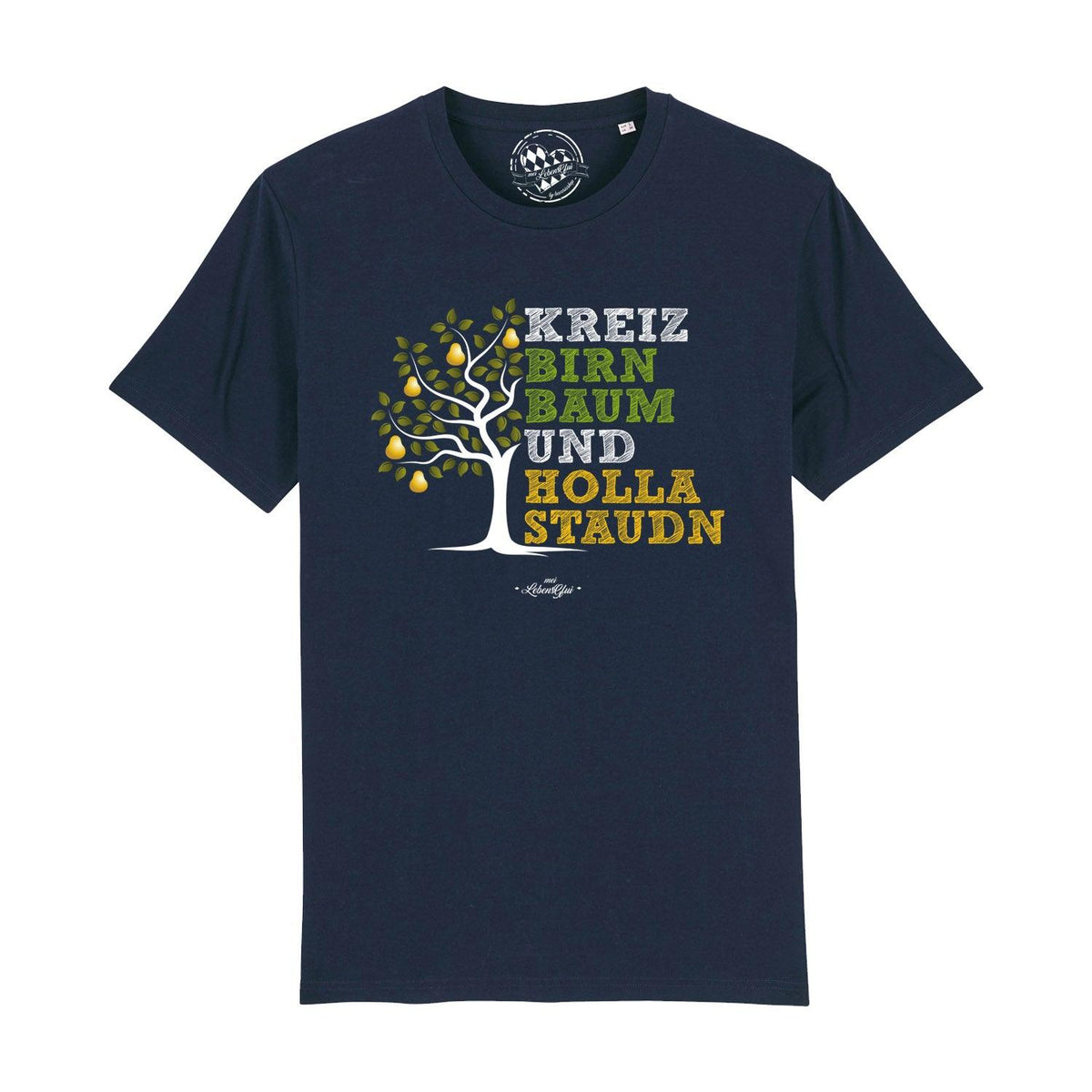 Dunkelblaues Herren T-Shirt "Kreizbirnbaum" mit hellem Aufdruck eines Birnbaums und bayerischem Spruch.