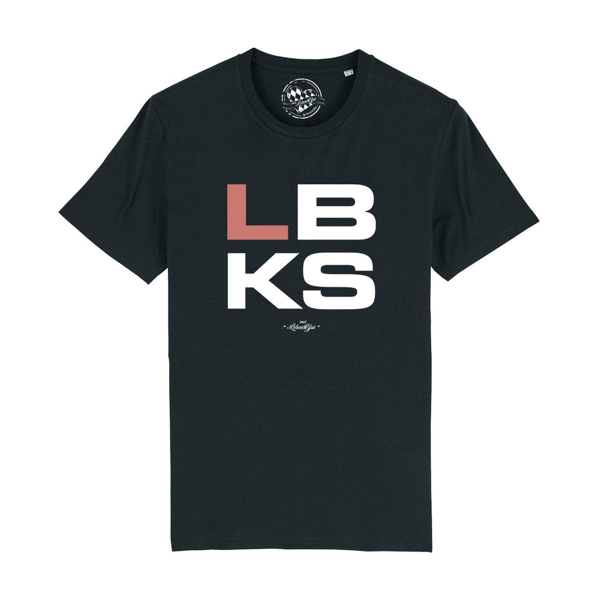 Schwarzes Herren T-Shirt "LBKS" mit großem, weiß-rotem Schriftzug als Frontprint, aus Baumwolle gefertigt.