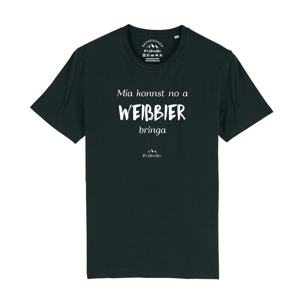 Schwarzes Herren T-Shirt "Mia konnst no a Weißbier bringa" mit weißem bayerischen Spruch und Label.