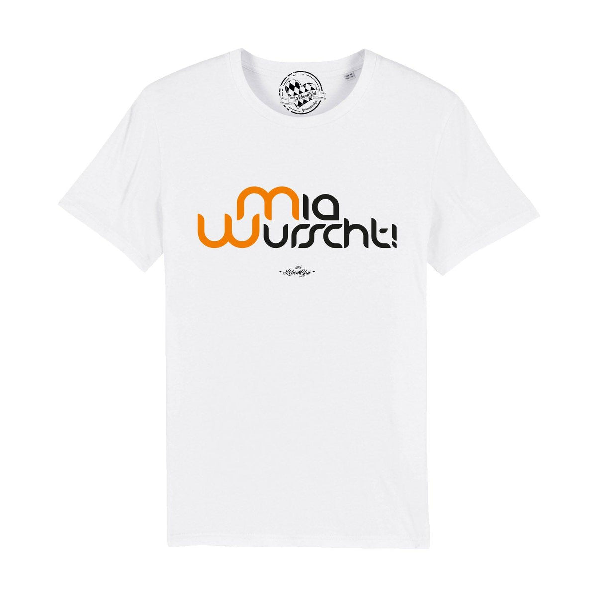 Weißes Herren T-Shirt Mia Wurscht! mit orange/schwarzem Aufdruck und Rundhalsausschnitt aus Baumwolle.