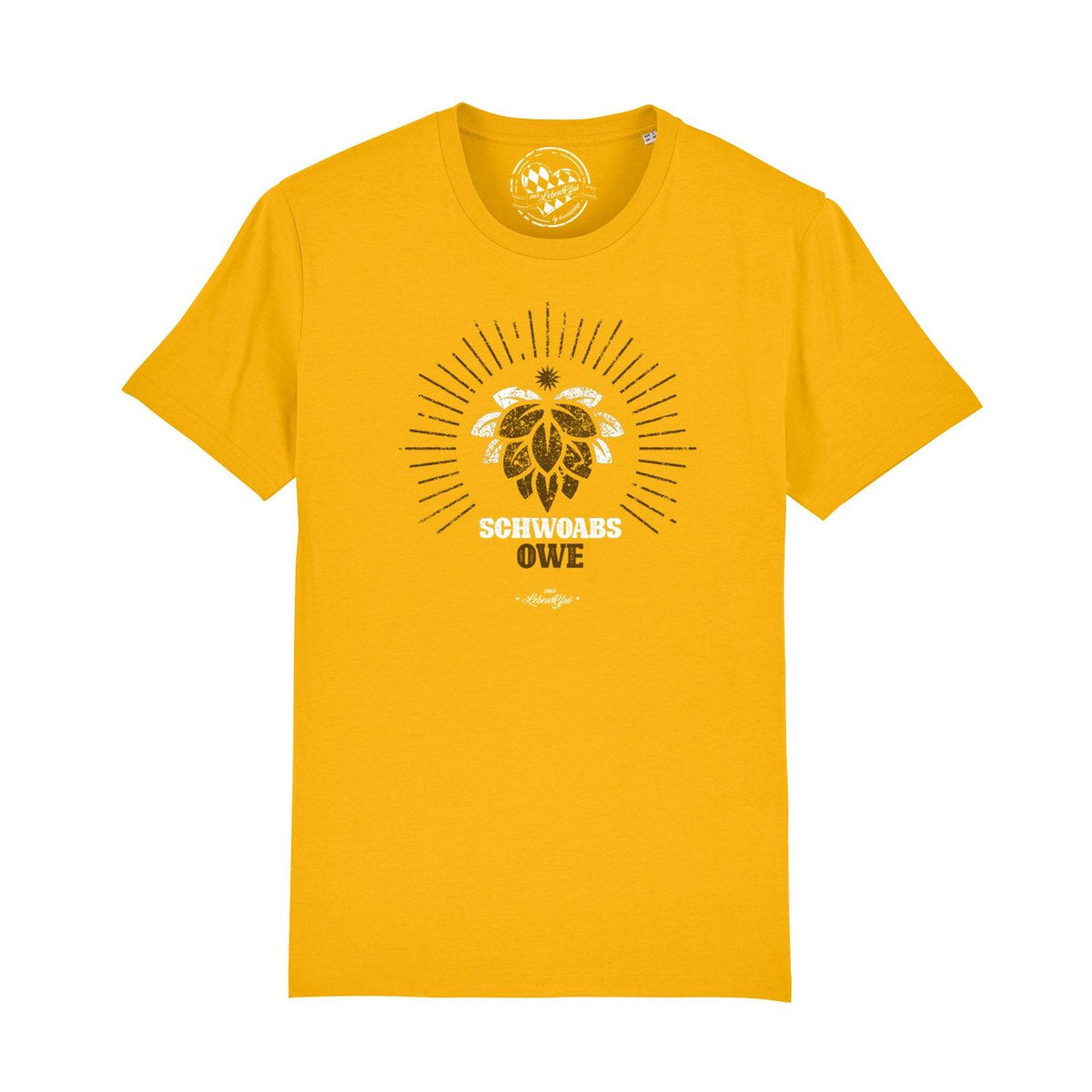Gelbes Herren T-Shirt Schwoabs owe mit Hopfen-Motiv und Schriftzug in Weiß und Braun