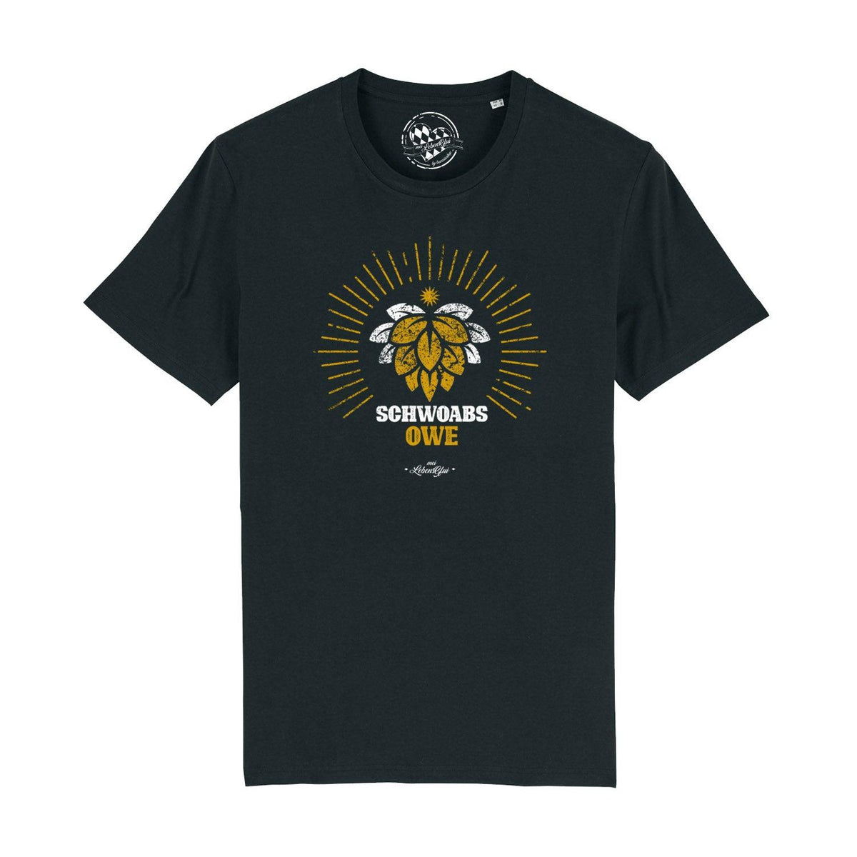 Herren T-Shirt Schwoabs owe in Schwarz mit Hopfen-Motiv und Schriftzug, ideal für Bierliebhaber.