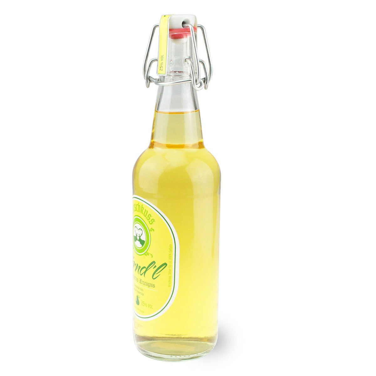 Birnenbrandlikör in klarer Glasflasche mit Bügelverschluss, goldgelbem Inhalt und rotem Etikettentext, 0,5 Liter.