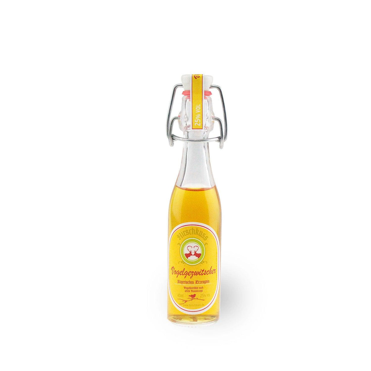 Klarer, bernsteinfarbener Vogelbeerlikör in Mini-Flasche mit rotem Etikett, Schriftzug „Vogelgezwitscher“, 25 % vol., 40 ml.
