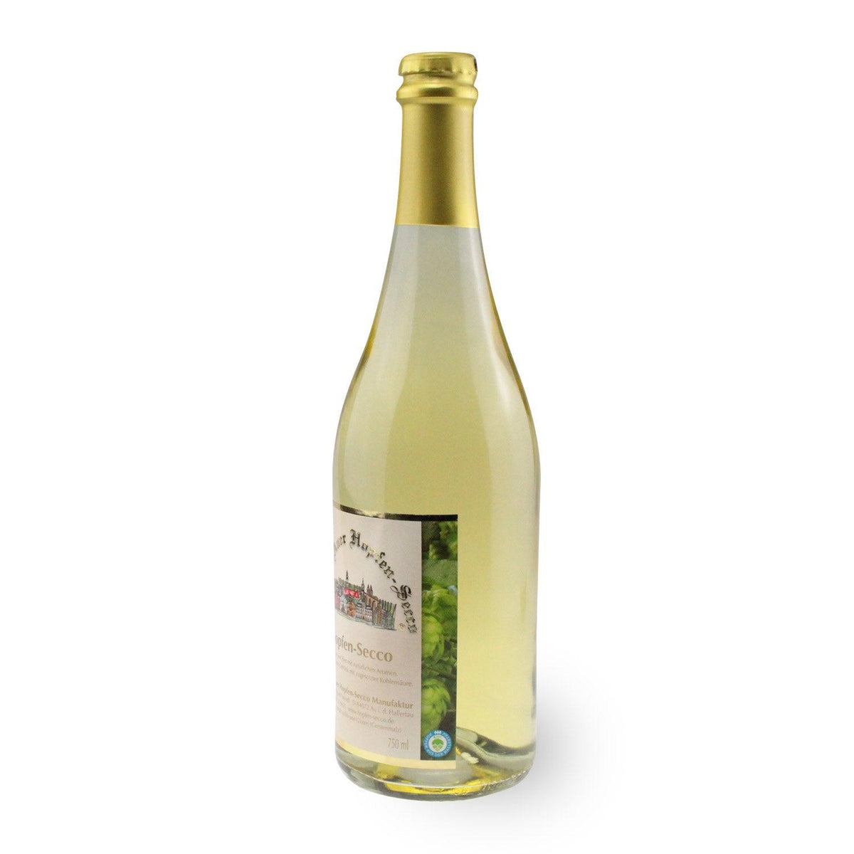 Spritziger Hopfen-Secco mit feiner Perlage, goldgelber Farbton, hergestellt aus Wein und reinem Bier, 0,75 l.