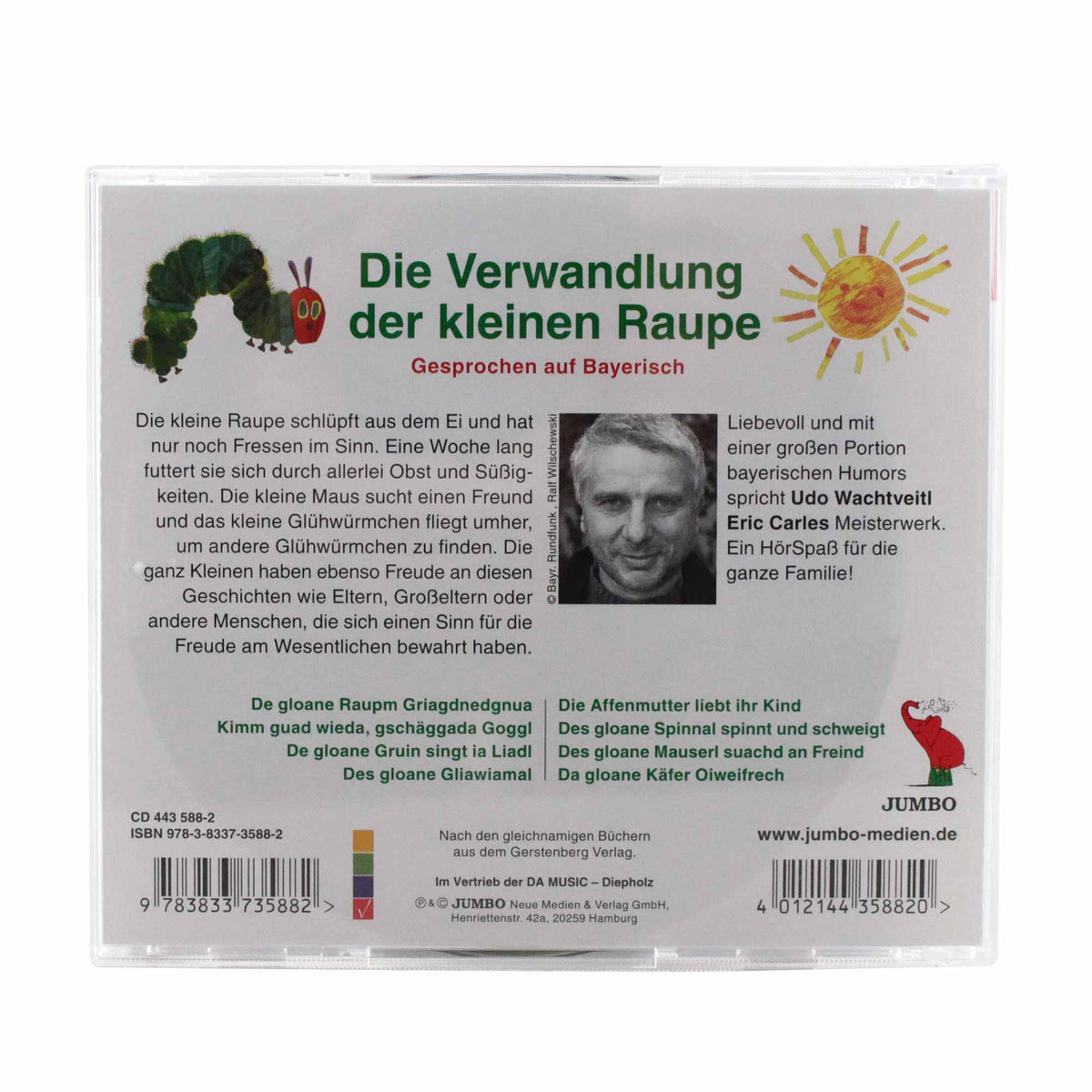 Rückseite der CD-Hülle Die Verwandlung der kleinen Raupe, gesprochen auf Bayerisch, mit Inhaltsbeschreibung und Barcode.