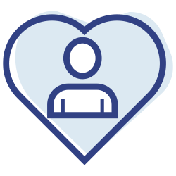 Blaues Herzsymbol mit Personensilhouette im Inneren, das Kundenbindung und personalisierte Angebote im Shop darstellt.