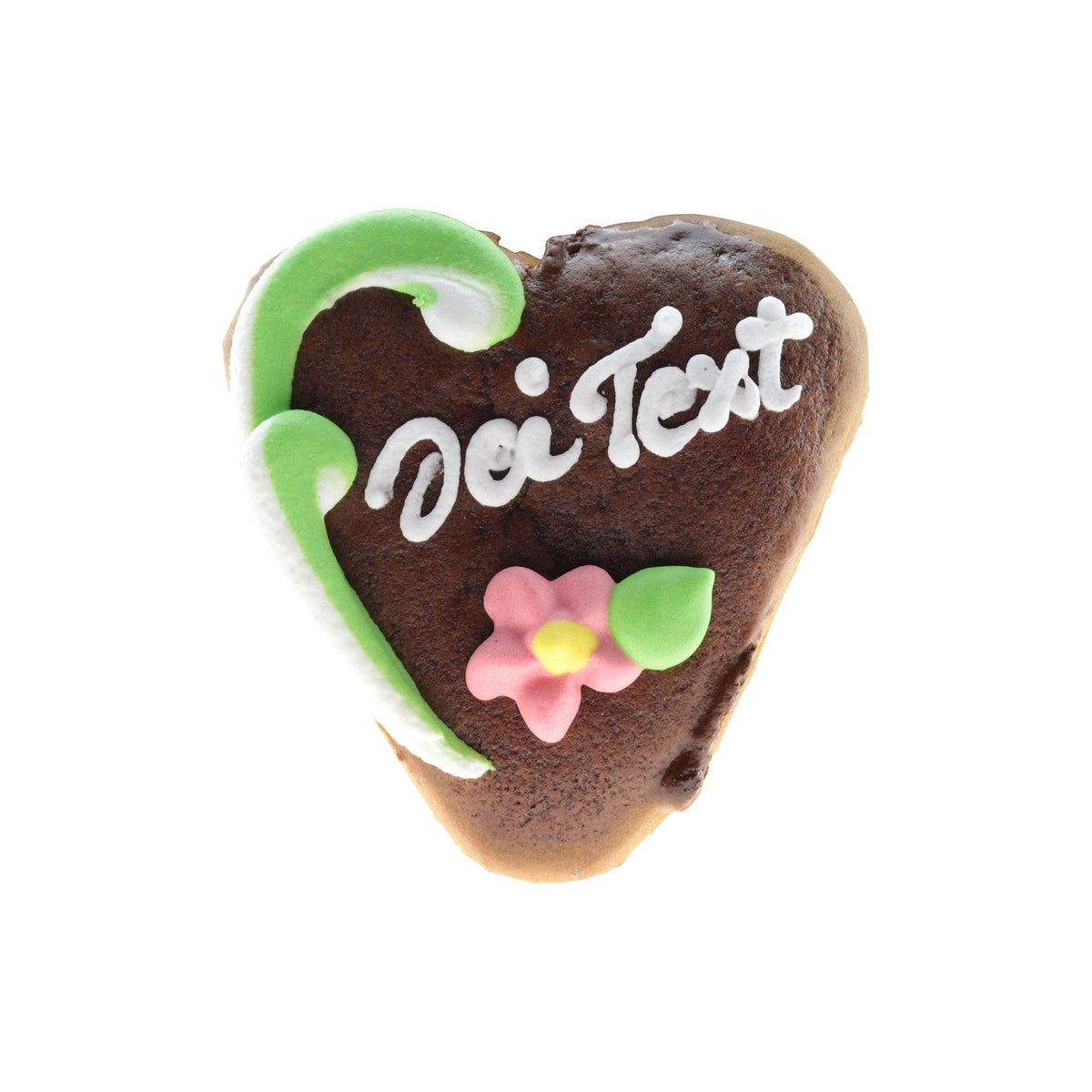 Braunes Lebkuchenherz mit weißer Glasur "Dei Text", grünen Verzierungen und rosa Zuckerblume