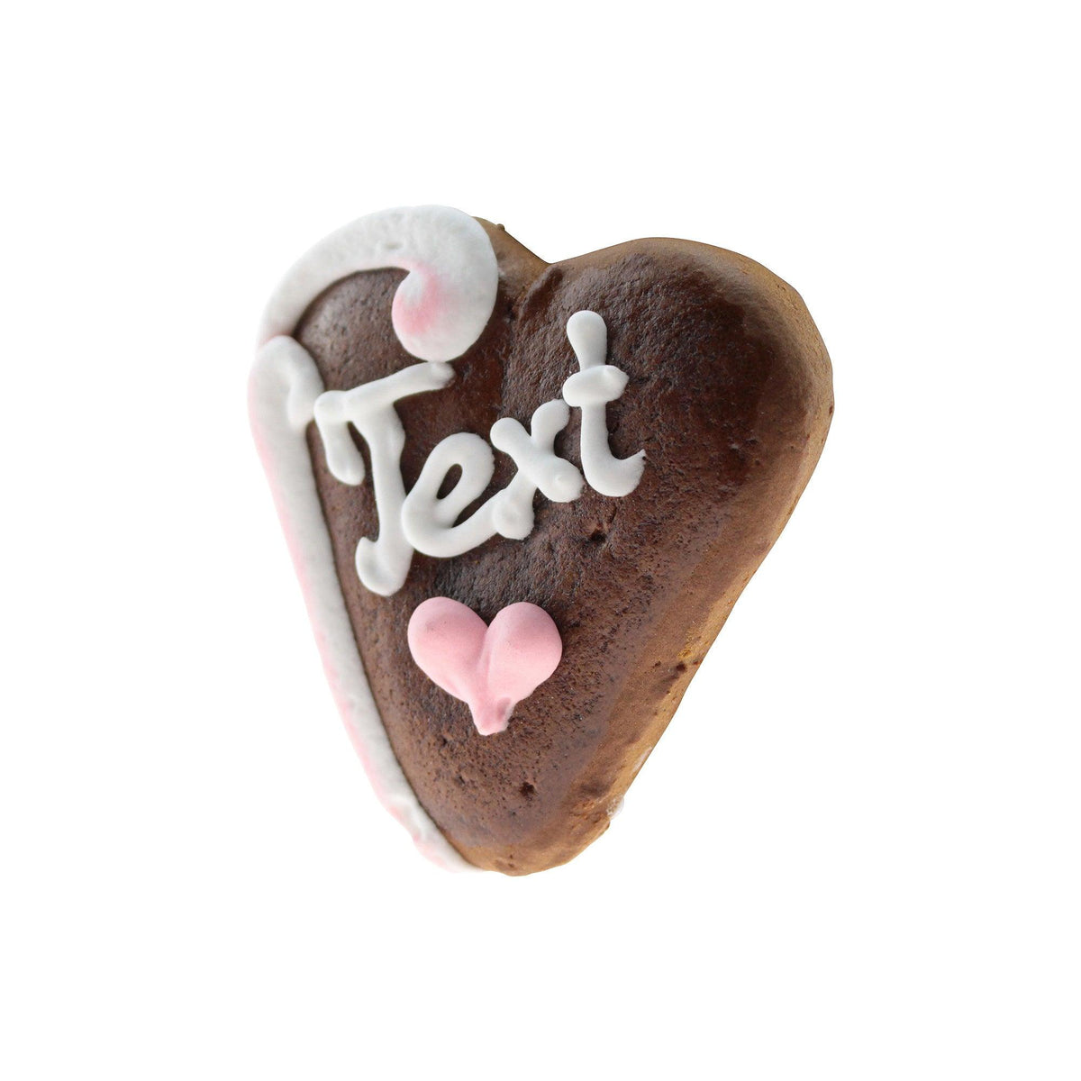 Herzförmiges Lebkuchenherz mit weißer Zuckerguss-Aufschrift "Text" und kleinen rosa Herzen verziert.
