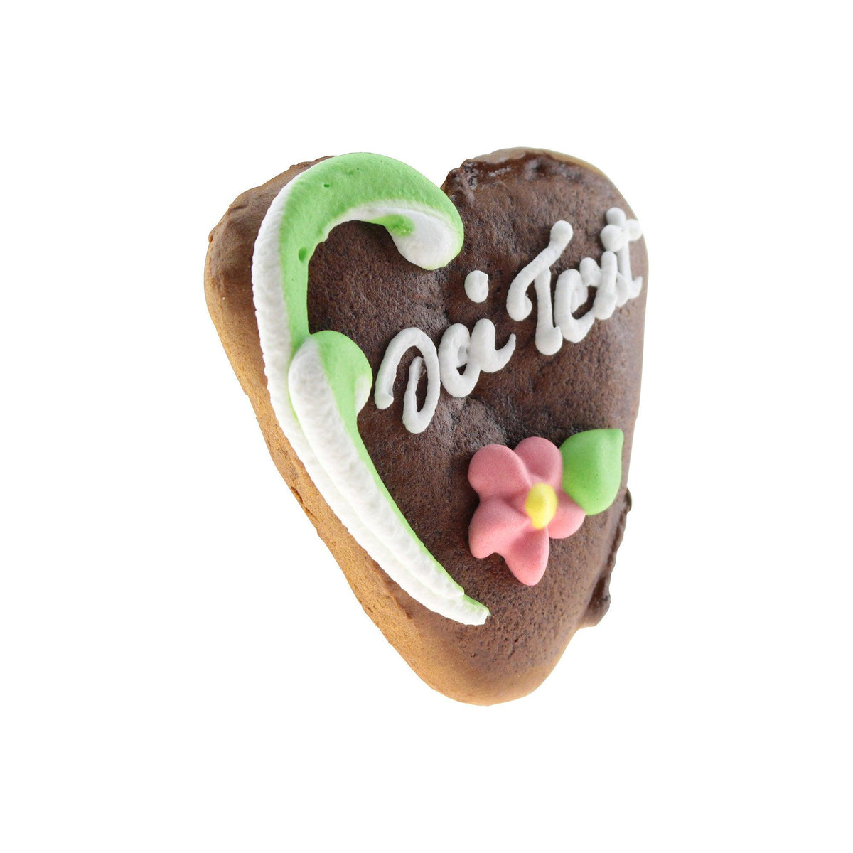Braunes Lebkuchenherz mit weißer Zuckergussinschrift "Dei Text", grünen Verzierungen und einer rosa Blüte.