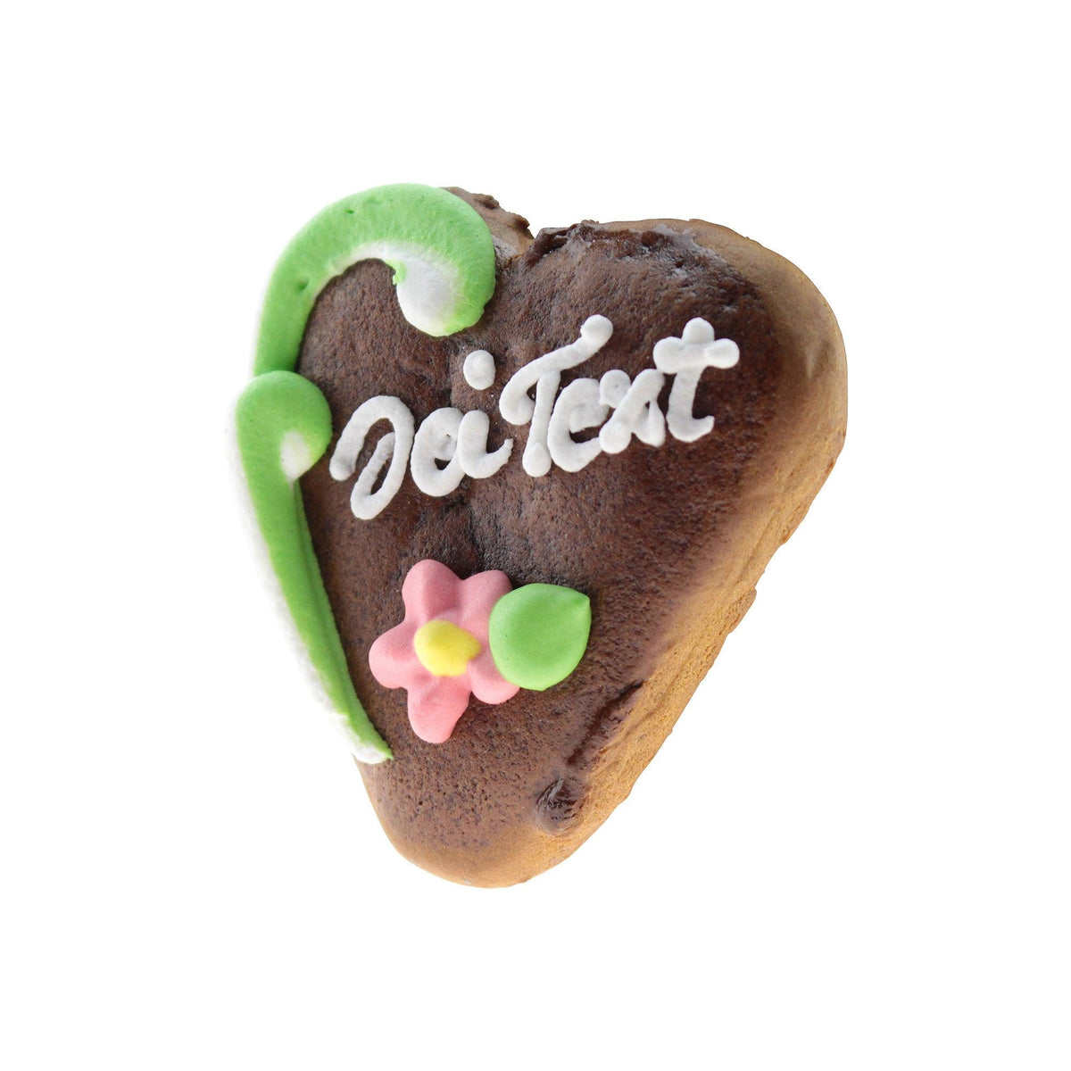 braunes Lebkuchenherz mit weißem Zuckerguss und buntem Blumenschmuck, Aufschrift "Dei Text".